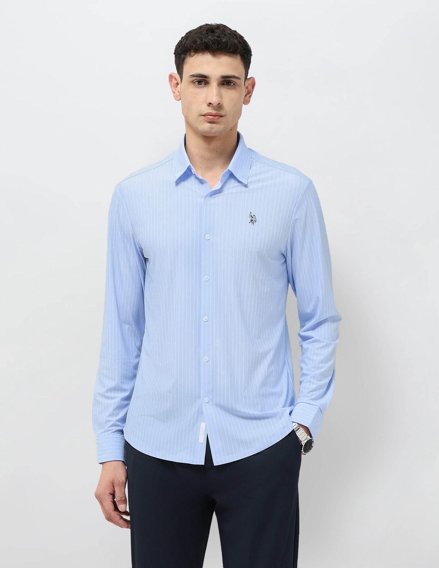 Tailored Fit Vertical Striped Shirt Light Blue - U.S. POLO ASSN. | Large