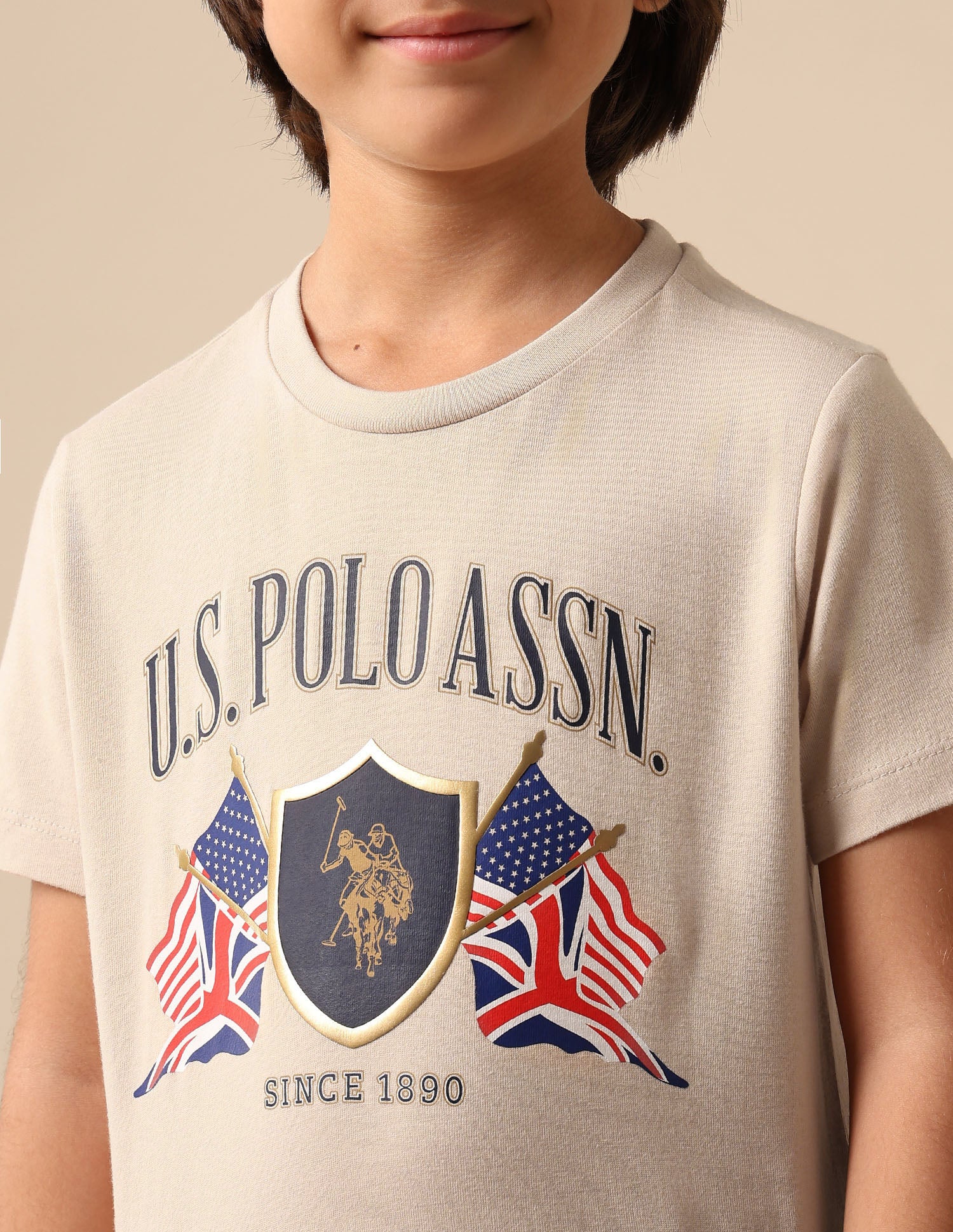 Boys Graphic Printed Pure Cotton T Shirt Beige - U.S. POLO ASSN. | Large