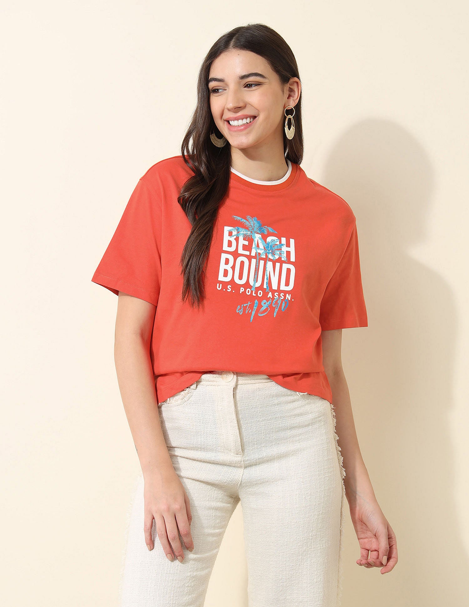 Boyfriend Fit Brand Printed T-Shirt Orange - U.S. Polo Assn. India | Large