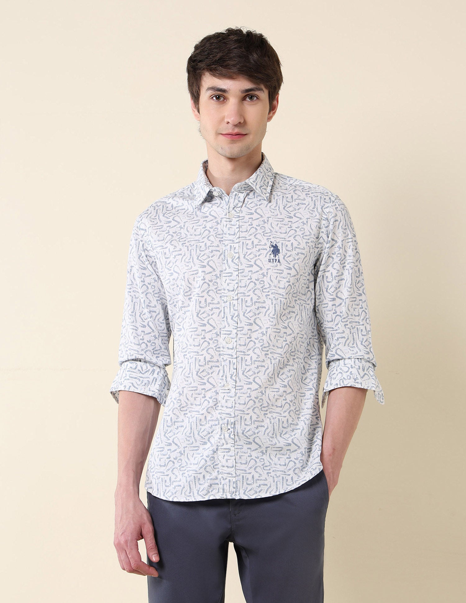 Abstract Printed Pure Cotton Shirt Light Blue - U.S. Polo Assn. India | Large