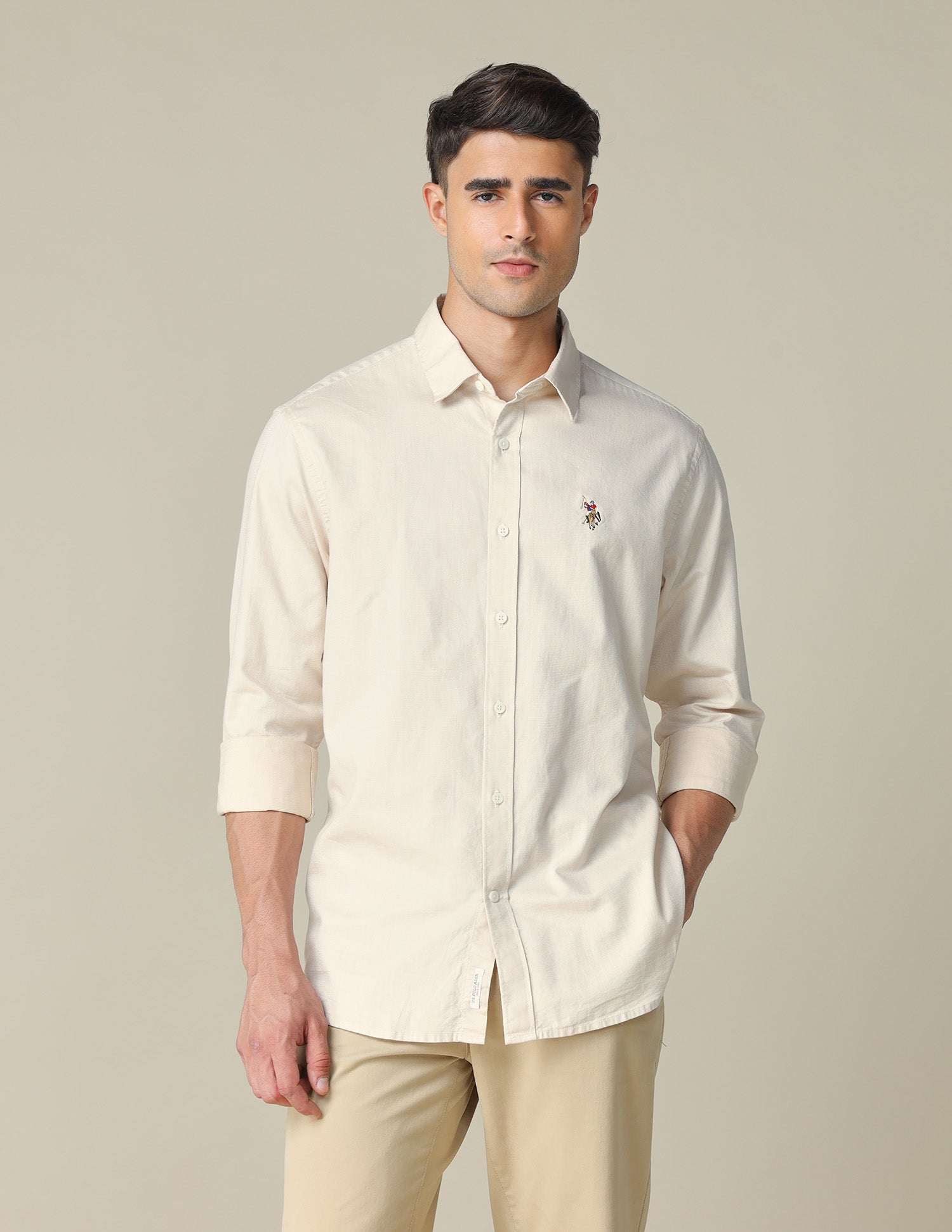 Pure Cotton Tailored Fit Shirt Beige - U.S. POLO ASSN. | Large