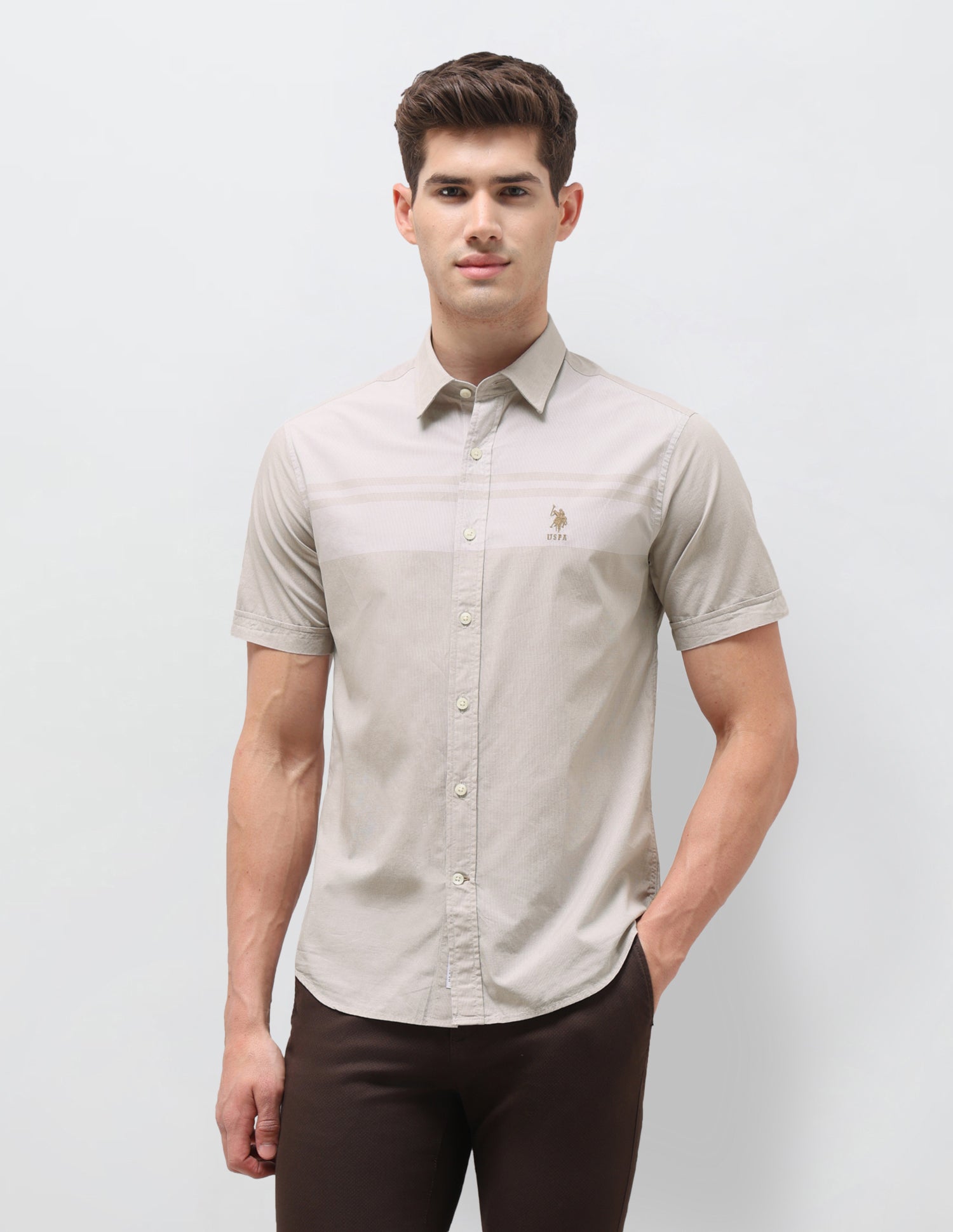 Solid Striped Detail Regular Fit Shirt Beige - U.S. Polo Assn. India | Large