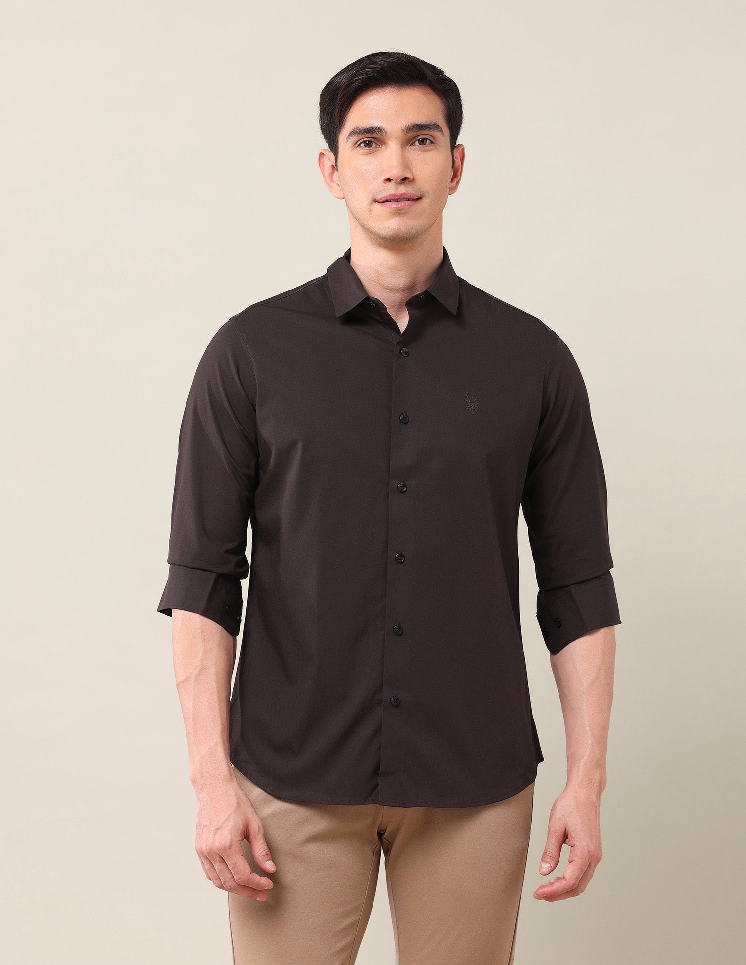 Tailored Fit Solid Shirt Dark Brown - U.S. Polo Assn. India | Large