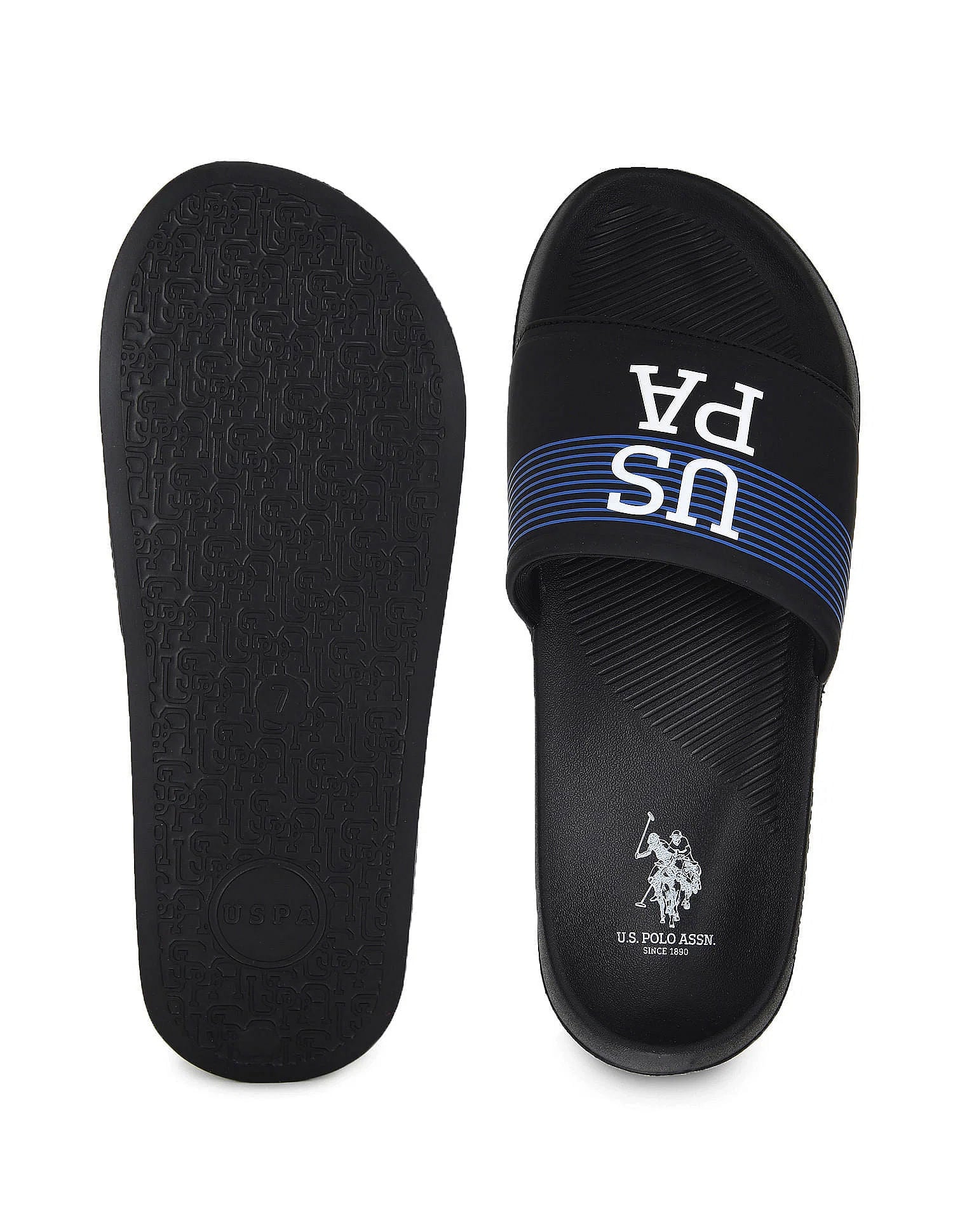 Men Brand Print Beesley 5.0 Blk Slides Black - U.S. Polo Assn. India | Large