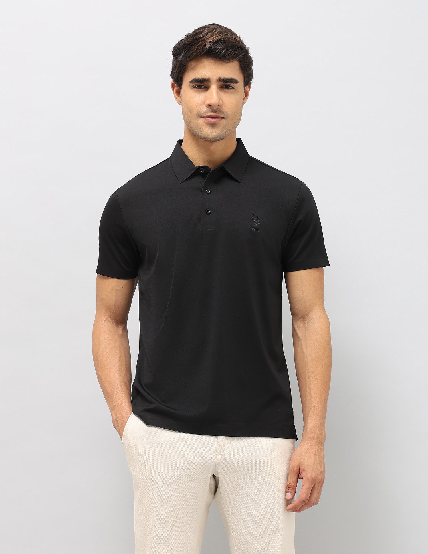 Slim Fit Solid Polo Shirt Black - U.S. Polo Assn. India | Large