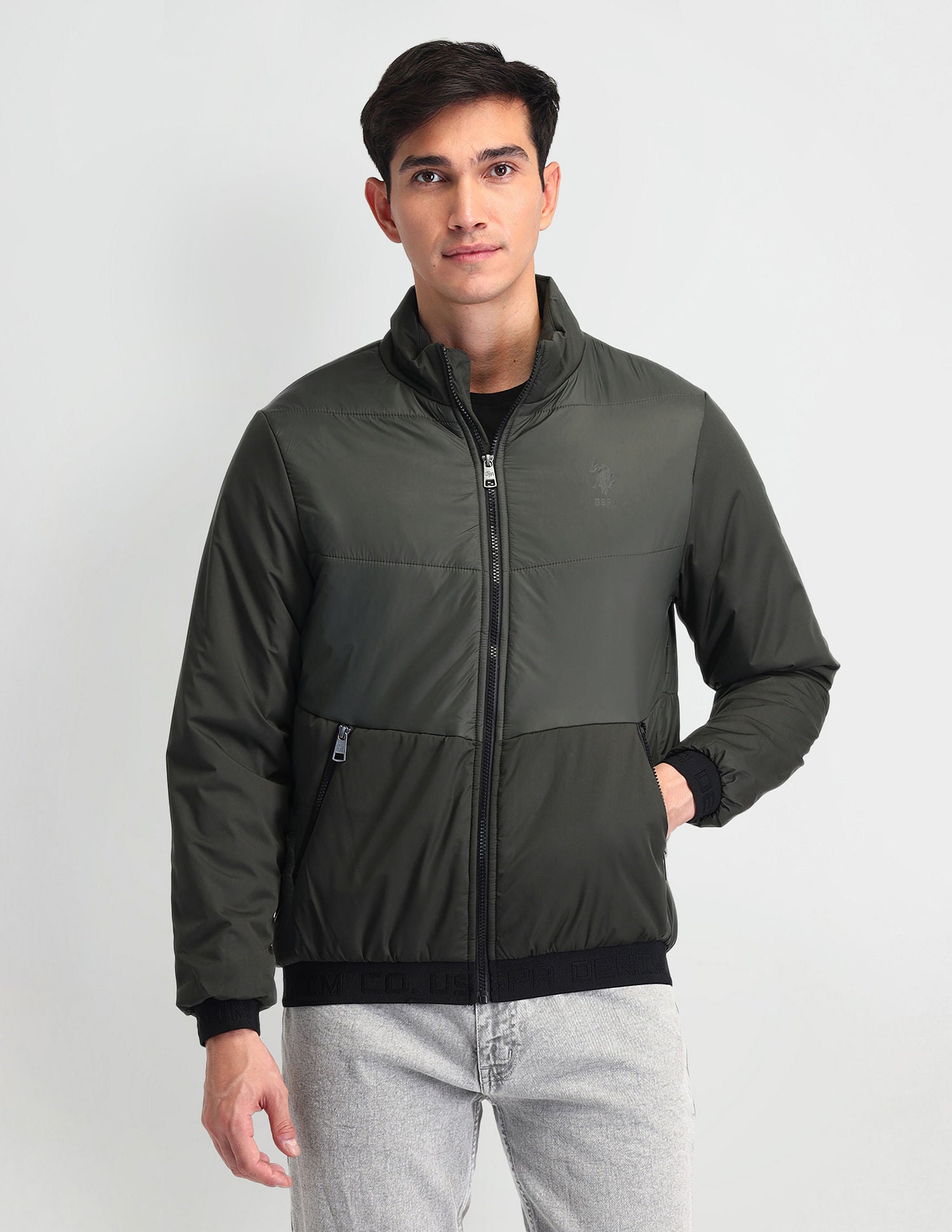 Regular Fit Solid Padded Jacket Olive - U.S. Polo Assn. India | Large