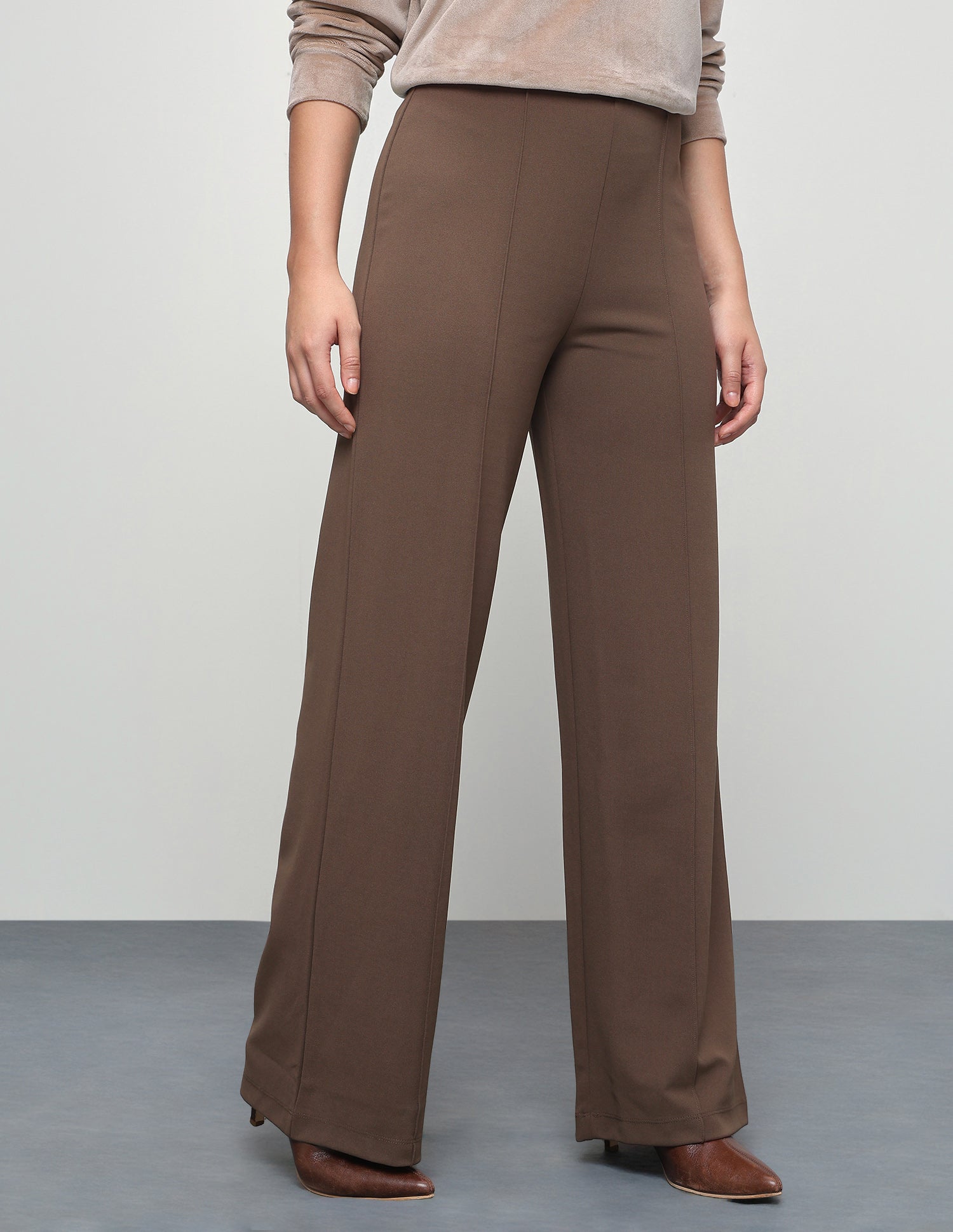 Solid Pintuck Straight Fit Trousers Brown - U.S. Polo Assn. India | Large