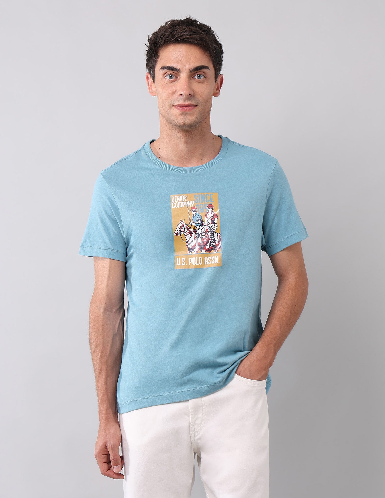 Graphic Printed Muscle Fit T-Shirt Light Blue - U.S. Polo Assn. India | Large