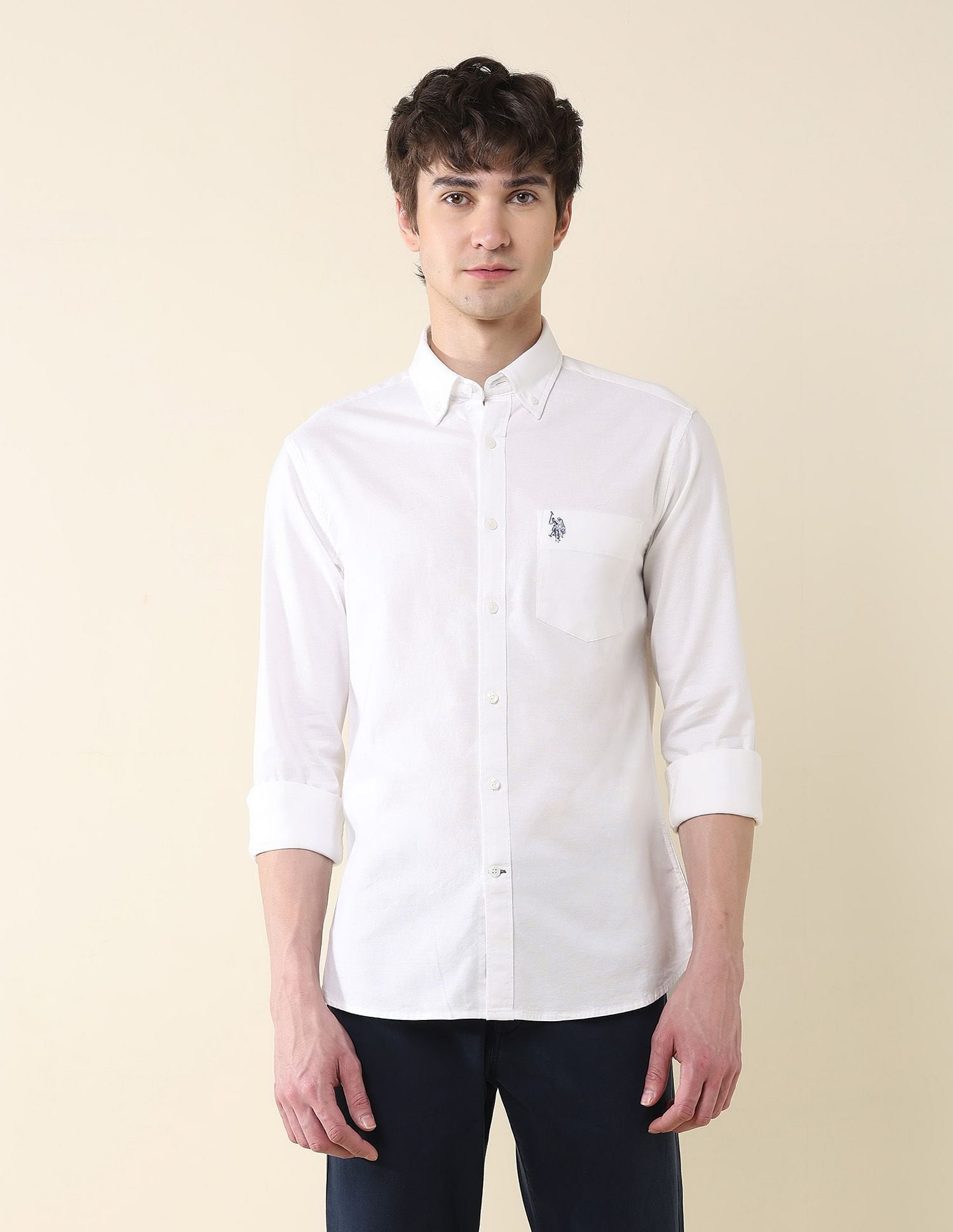Solid Oxford Stretch Button Down Shirt White - U.S. Polo Assn. India | Large
