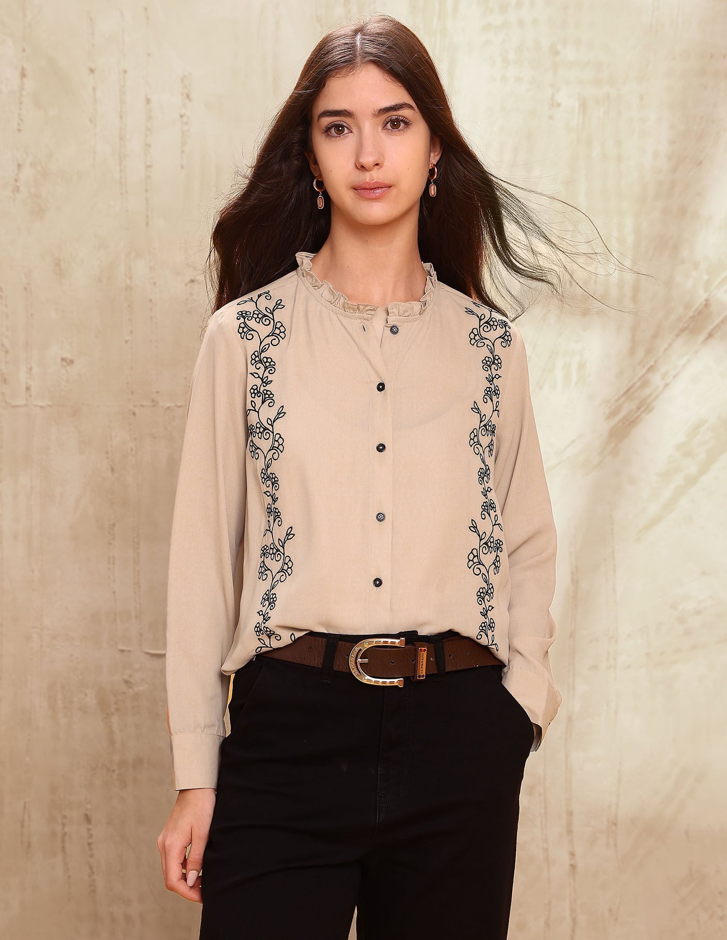 Floral Embroidered Ruffle Top Beige - U.S. POLO ASSN. | Large