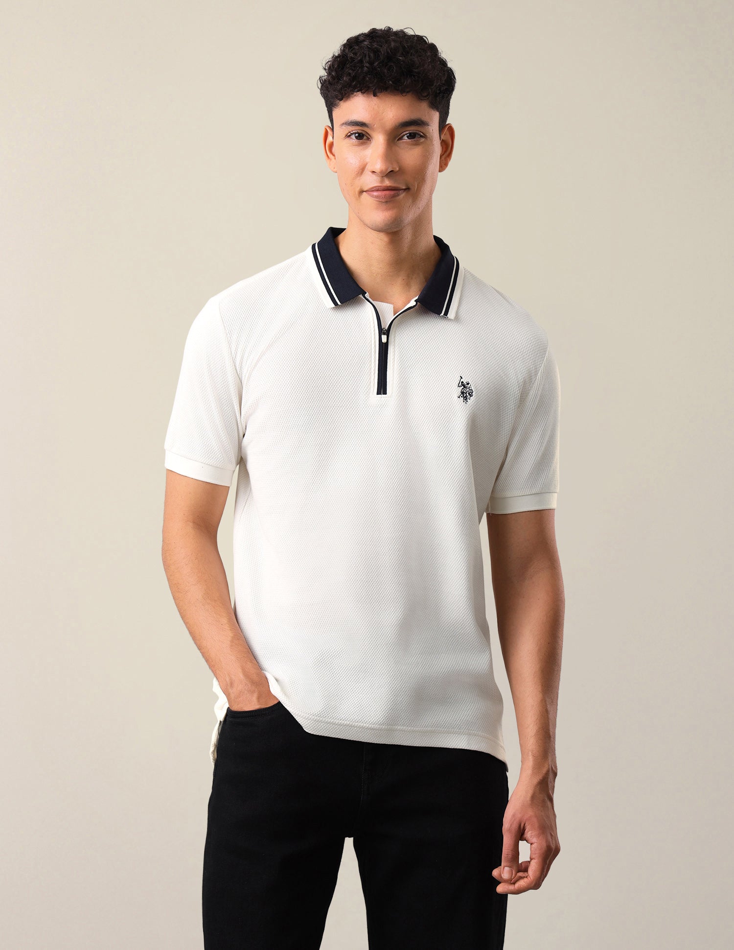 Textured Slim Fit Polo Shirt Ivory - U.S. Polo Assn. India | Large