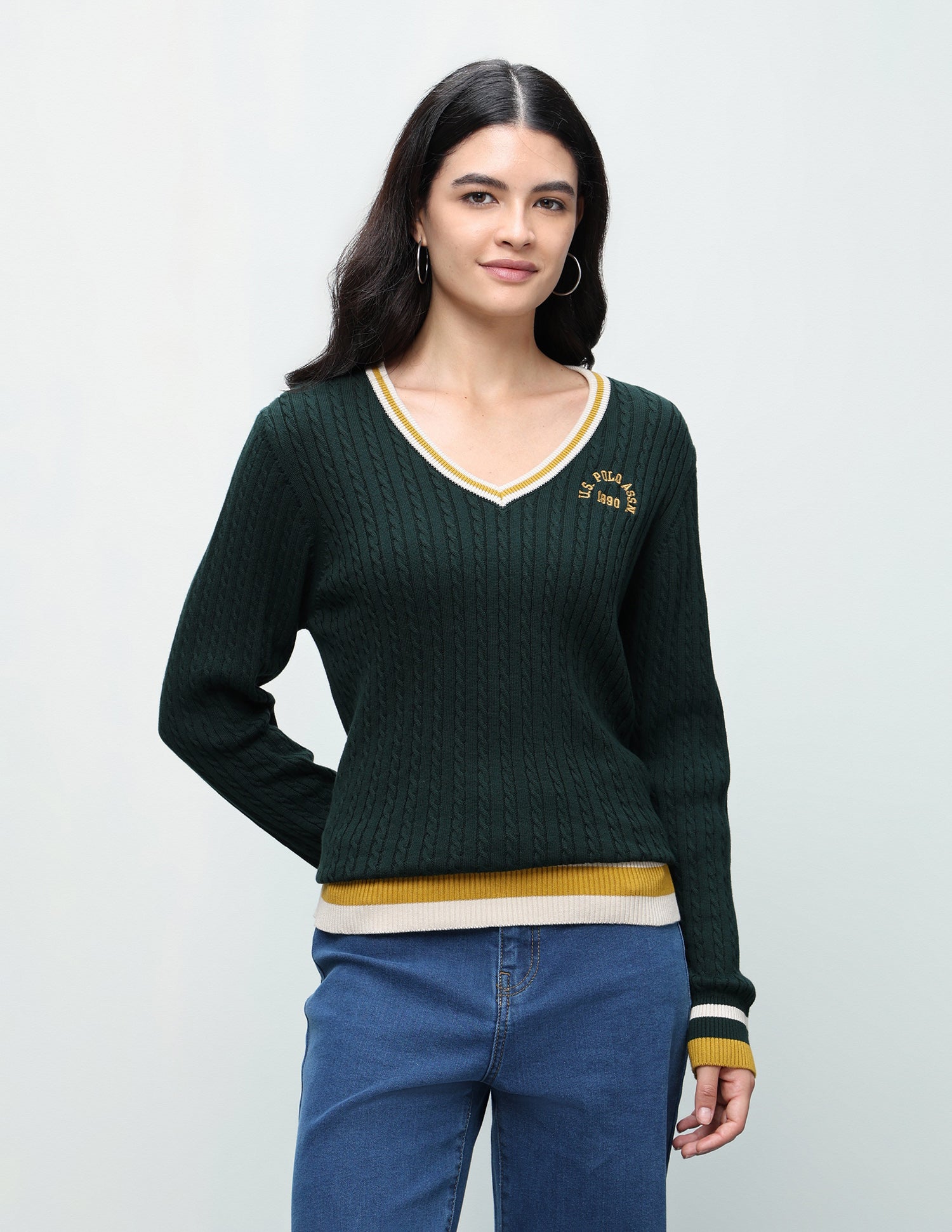 Cable Patterned Knit Regular Fit Sweater Dark Green - U.S. Polo Assn. India | Large