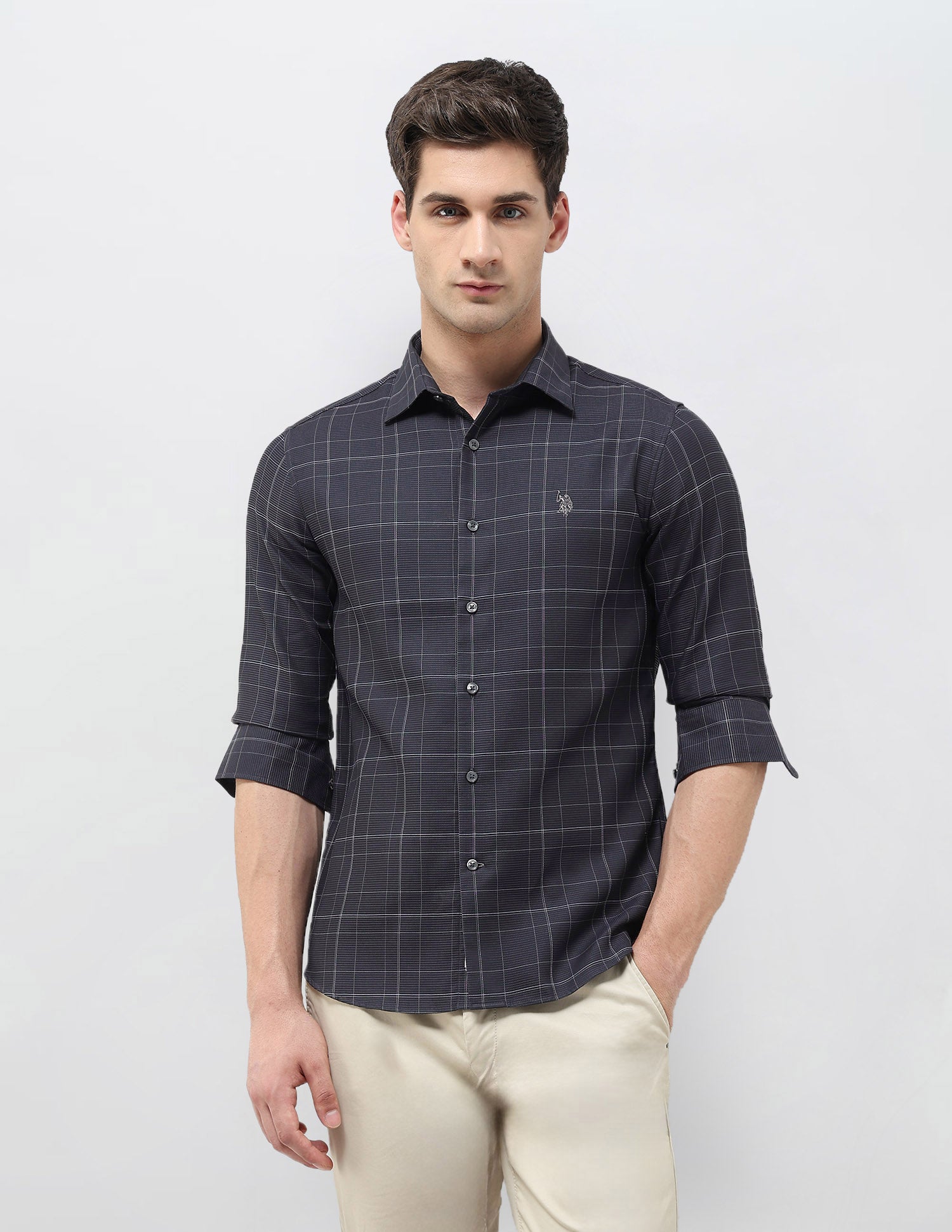 Regular Fit Textured With Grid Checked Shirt Grey - U.S. POLO ASSN. | Large