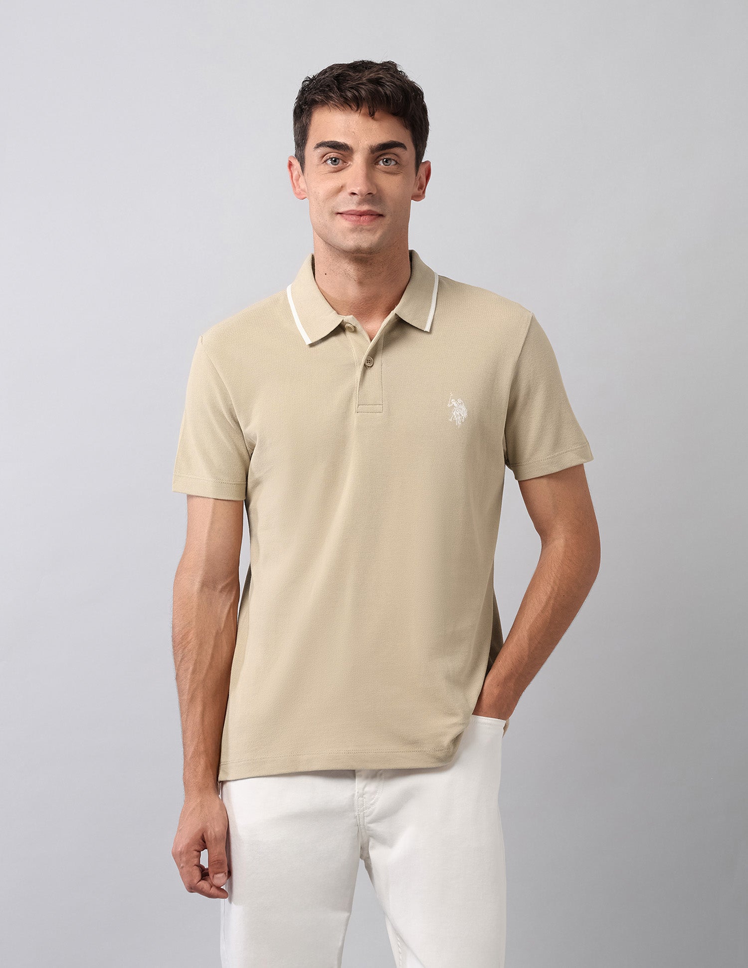 Pure Cotton Muscle Fit Polo Shirt Beige - U.S. Polo Assn. India | Large