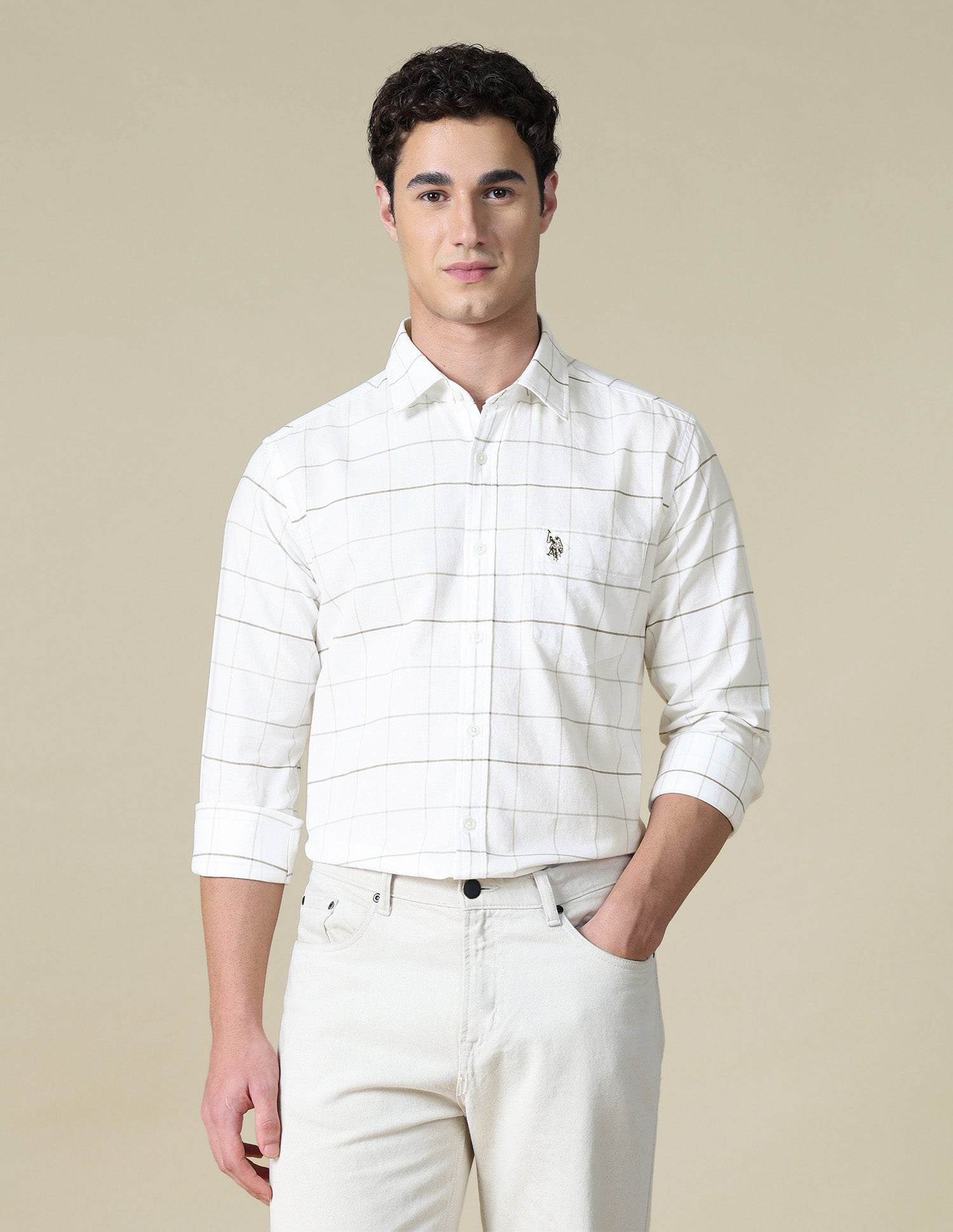 Windowpane Checked Oxford Shirt Beige - U.S. Polo Assn. India | Large