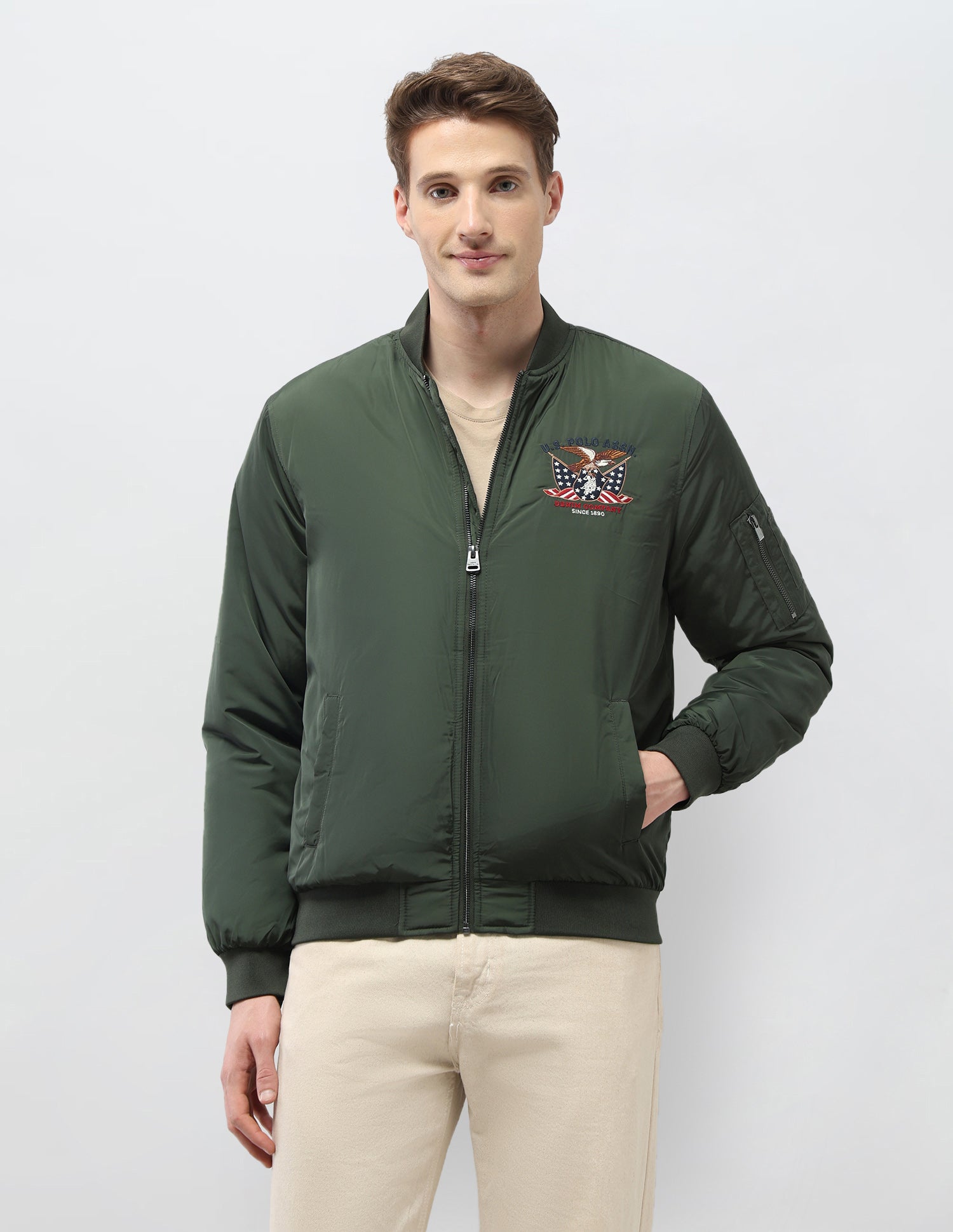 Solid Regular Fit Bomber Jacket Olive - U.S. Polo Assn. India | Large