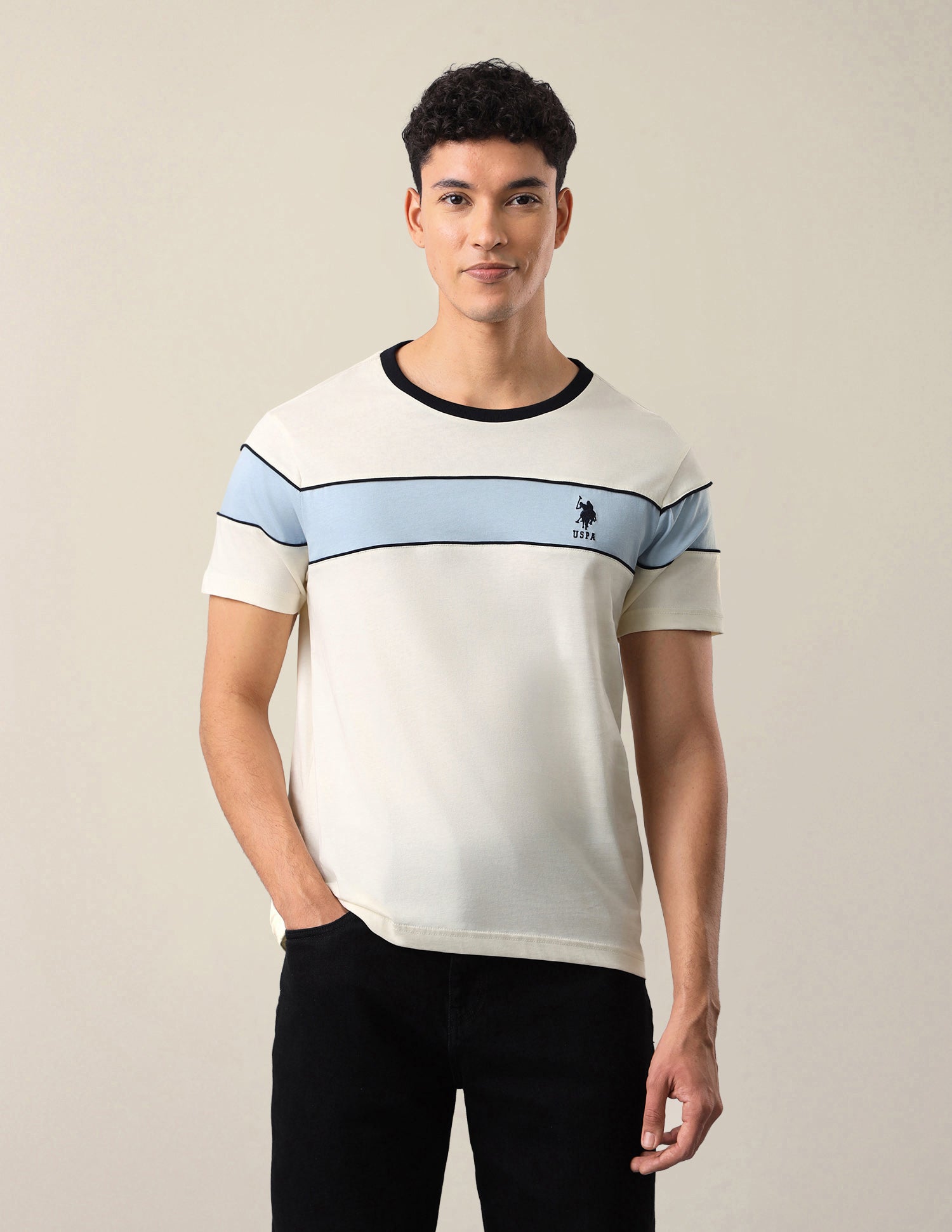 Solid Regular Fit T-Shirt Off White - U.S. Polo Assn. India | Large