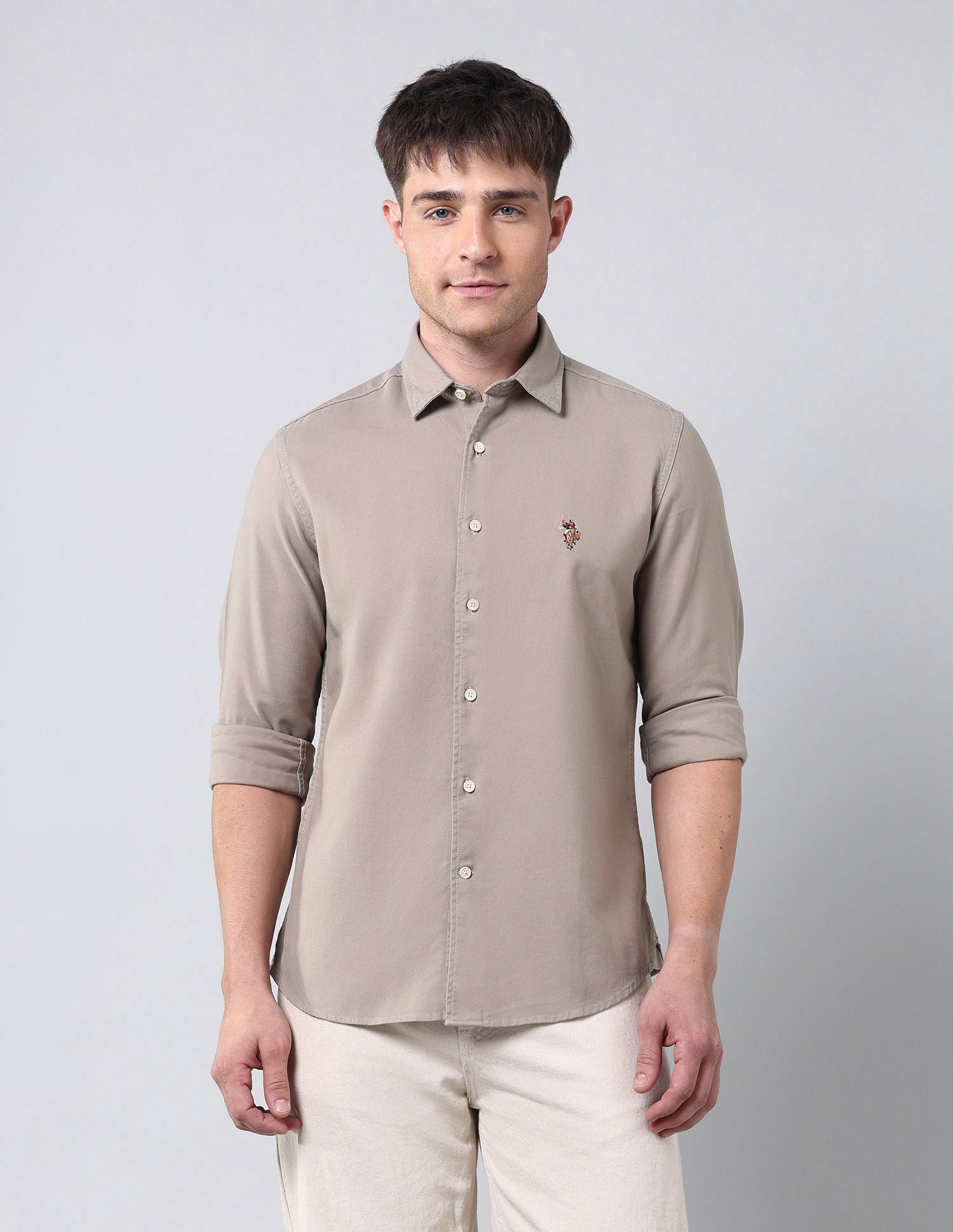 Solid Pure Cotton Twill Shirt Khaki - U.S. Polo Assn. India | Large