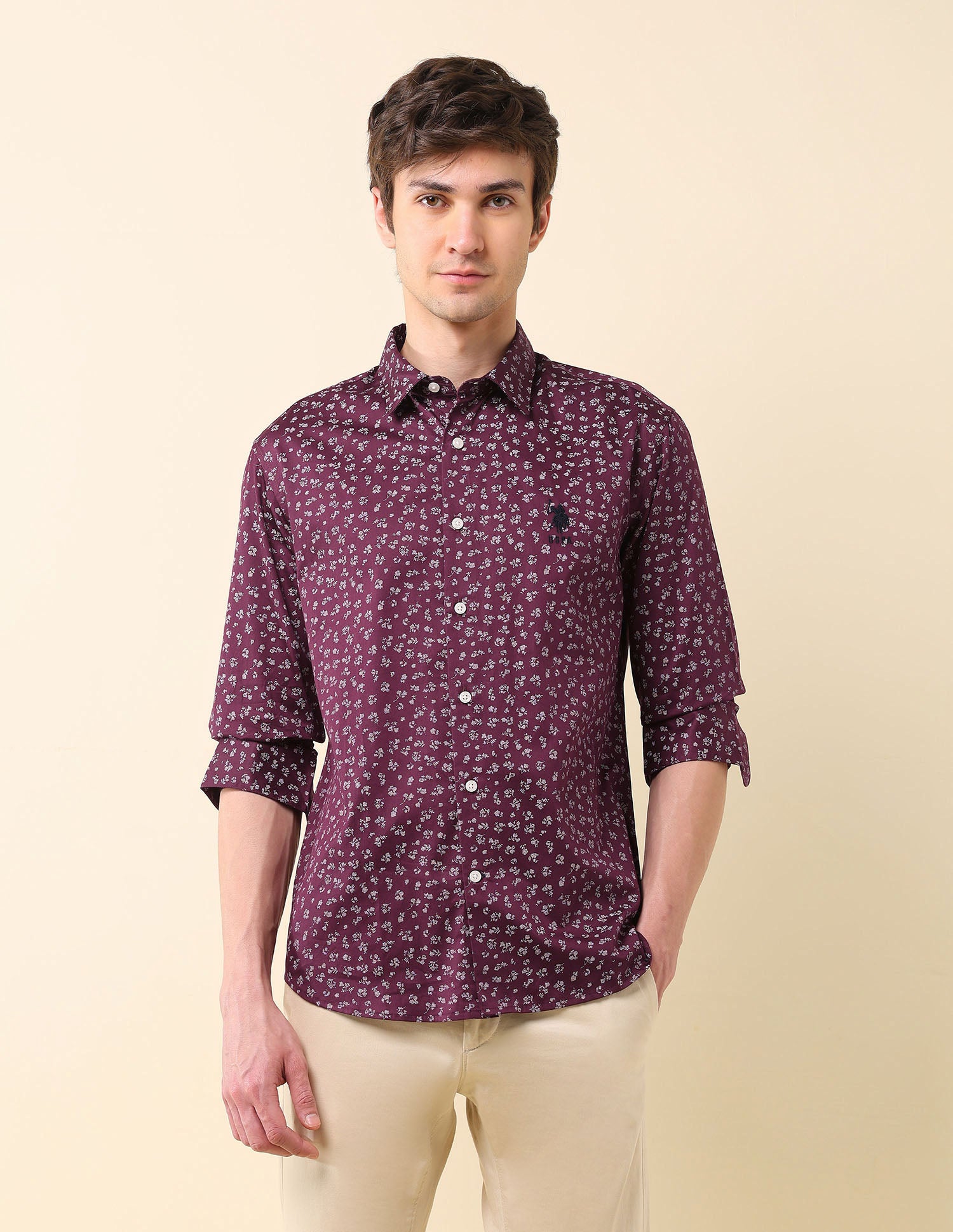 Floral Printed Pure Cotton Shirt Maroon - U.S. POLO ASSN. | Large