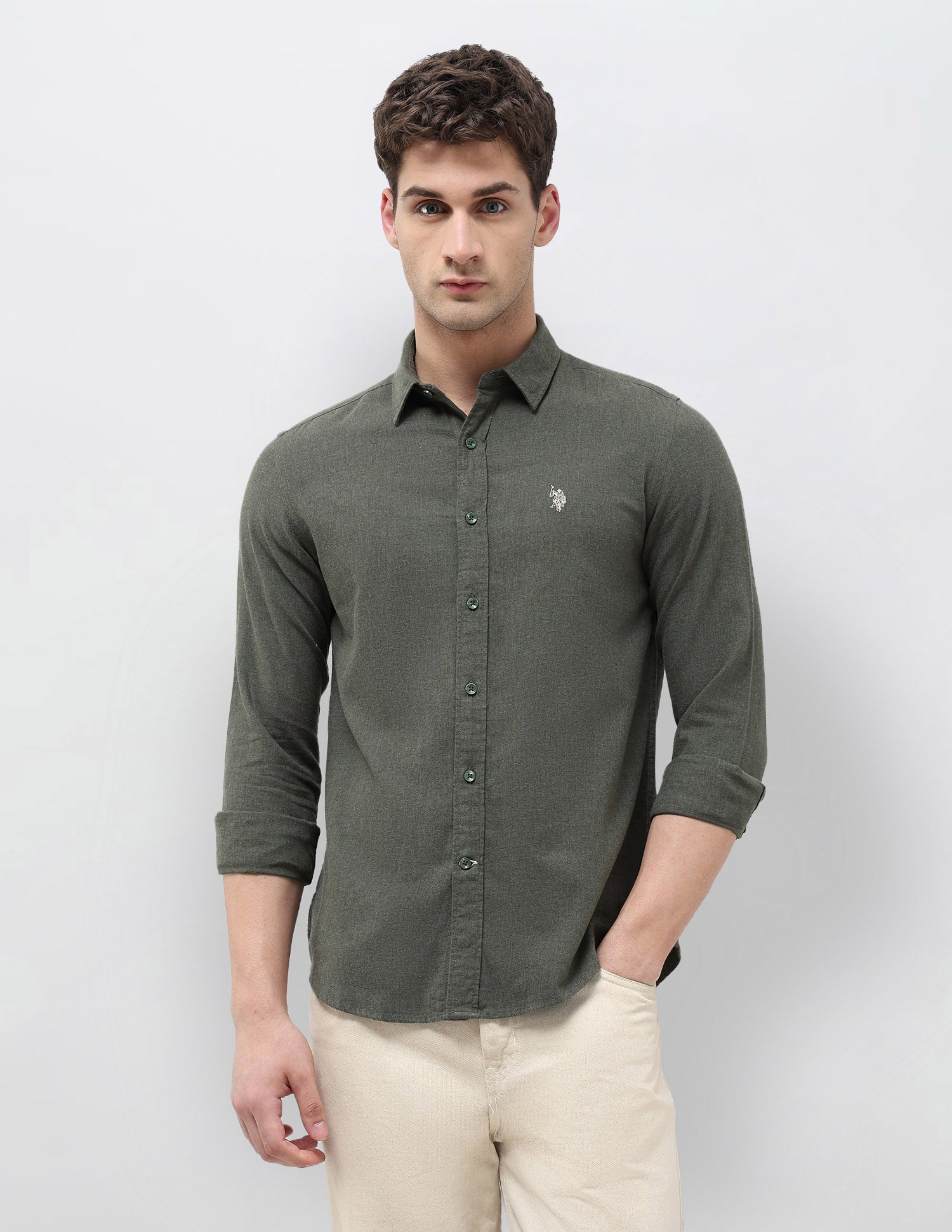 Twill Solid Regular Fit Shirt Light Olive - U.S. POLO ASSN. | Large
