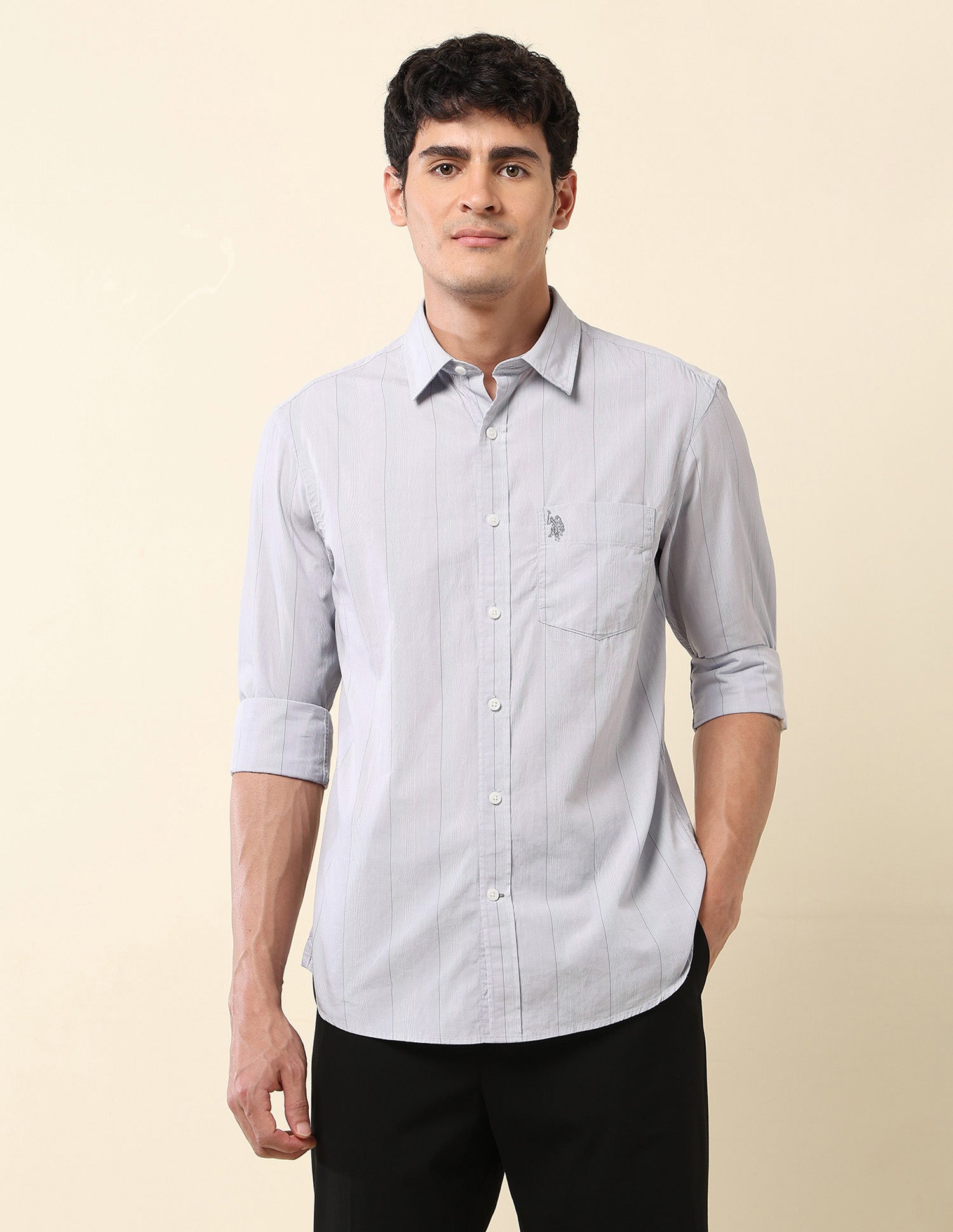 Pinstriped Pure Cotton Shirt Light Grey - U.S. Polo Assn. India | Large
