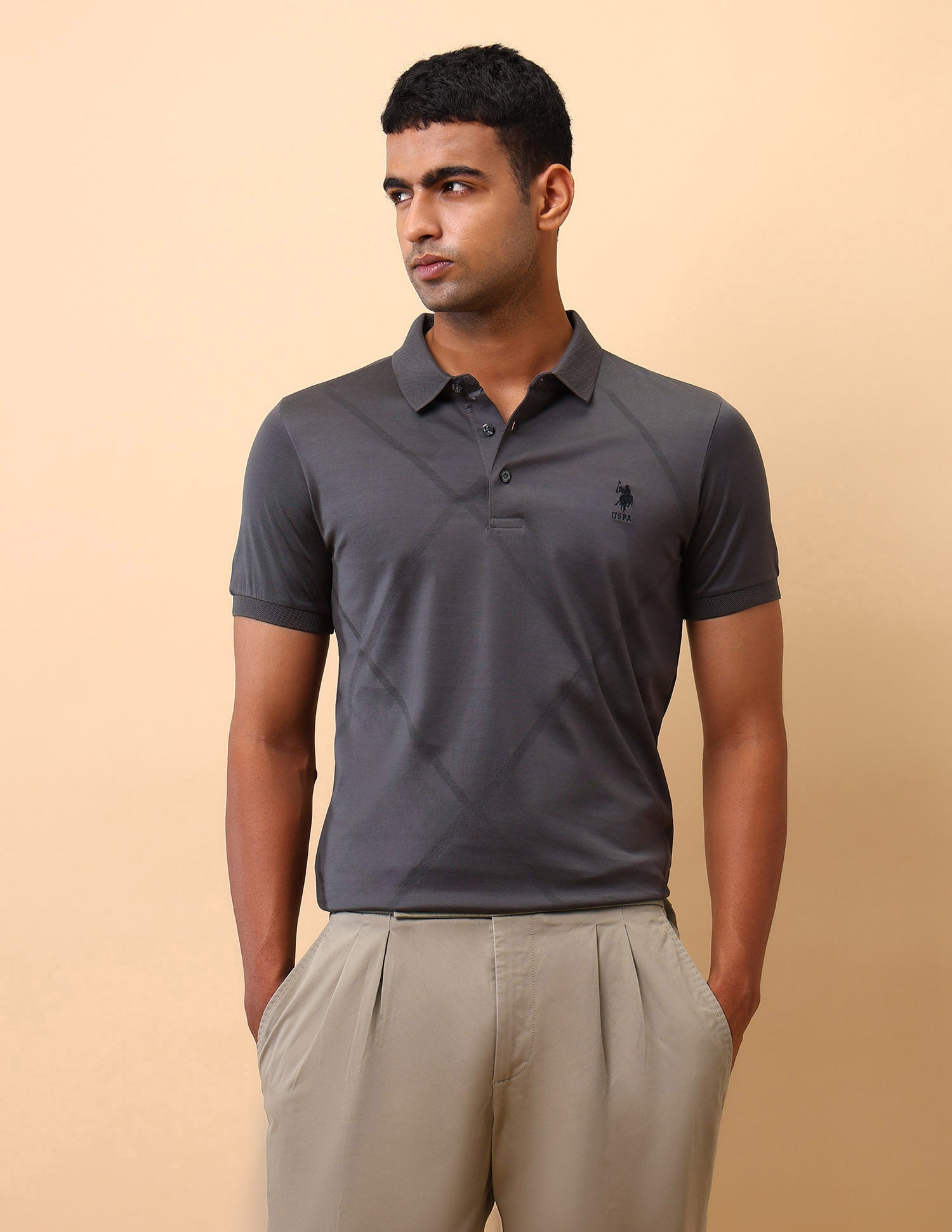 Textured Slim Fit Polo Shirt Grey - U.S. Polo Assn. India | Large