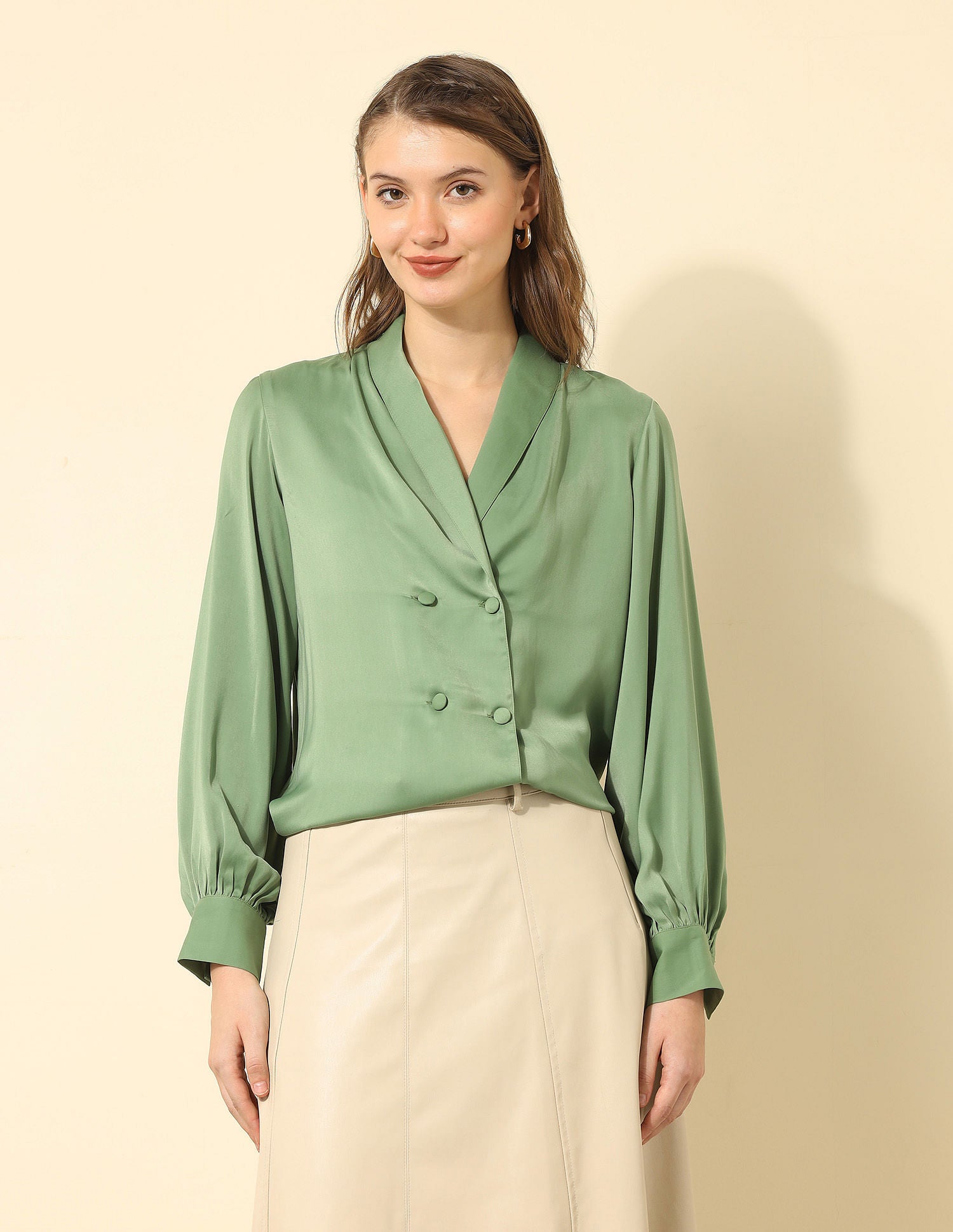 Double-Breated Satin Shirt Olive - U.S. POLO ASSN. | Large