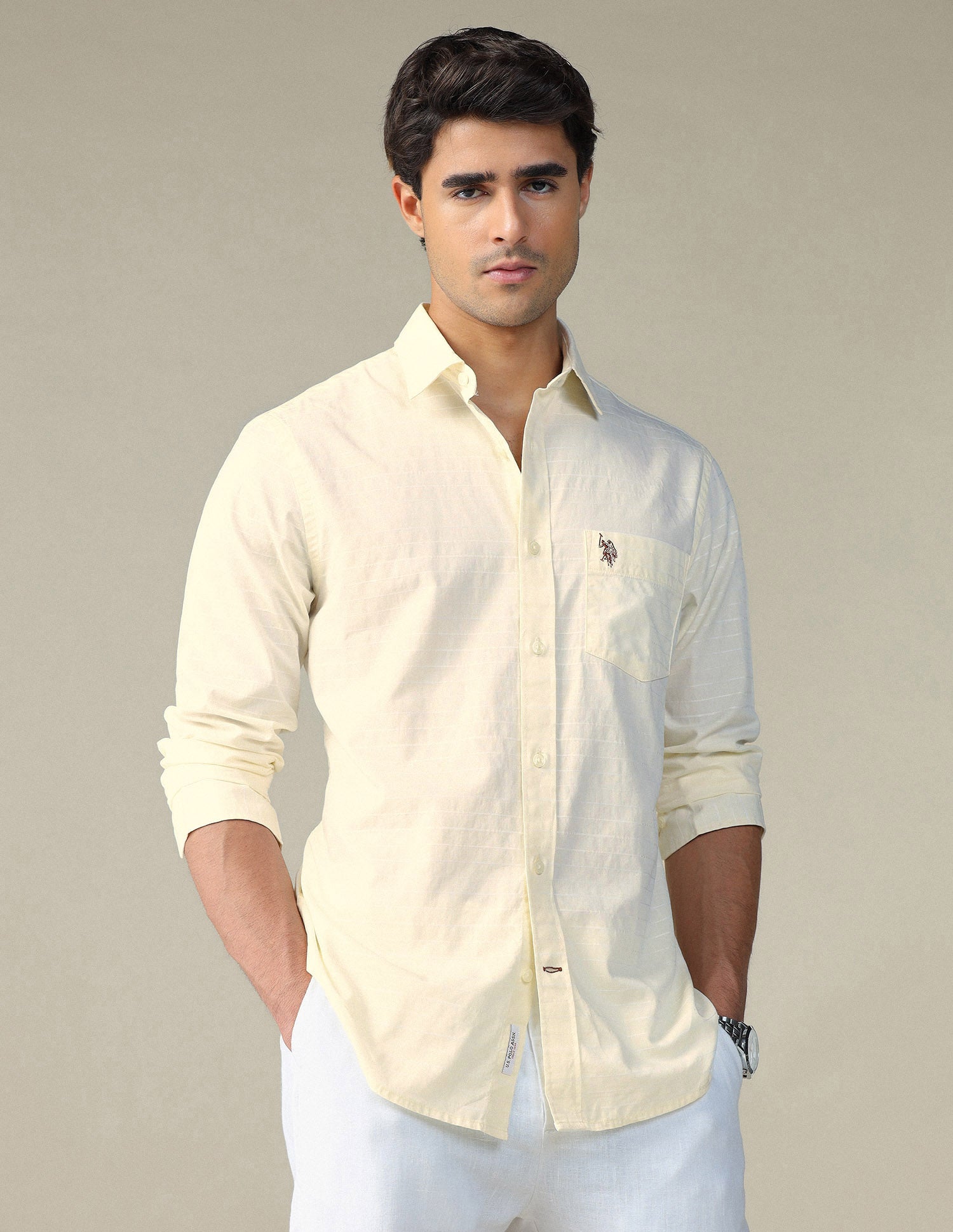 Pure Cotton Horizontal Striped Shirt Light Yellow - U.S. POLO ASSN. | Large