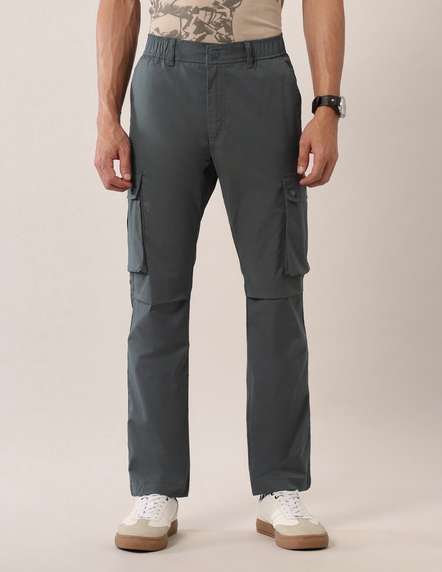 Mid Rise Solid Straight Fit Cargos Charcoal - U.S. Polo Assn. India | Large