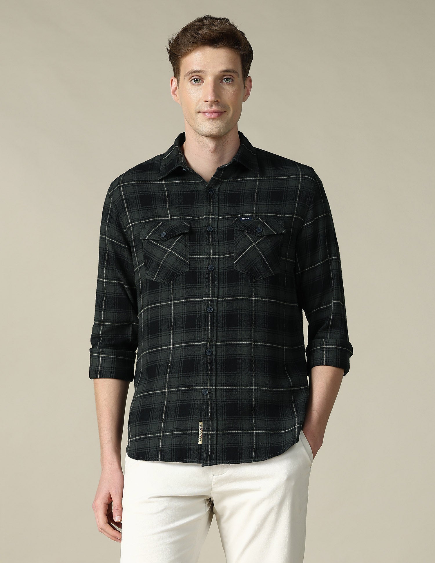 Tartan Checked Regular Fit Shacket Olive - U.S. Polo Assn. India | Large
