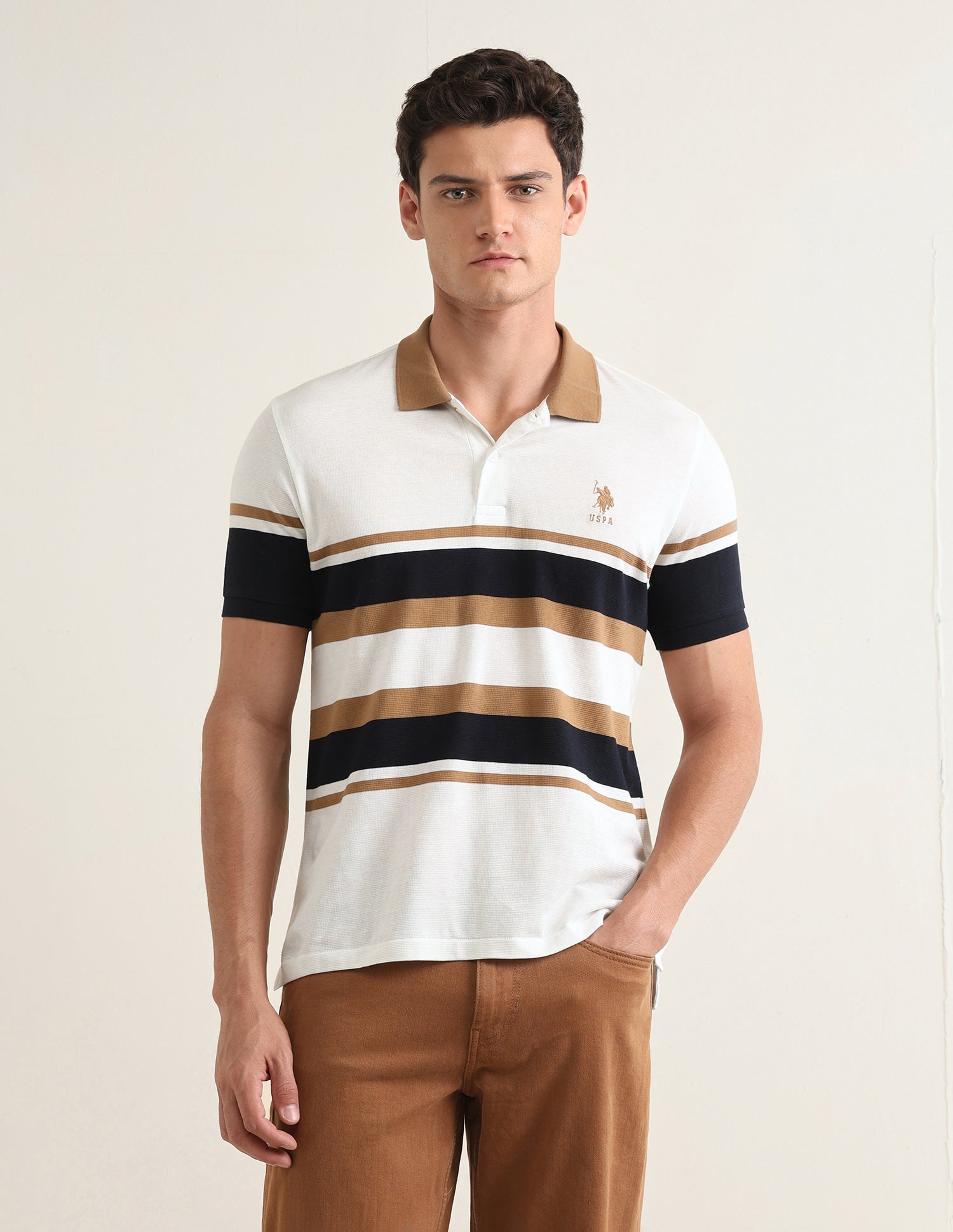 Horizontal Striped Slim Fit Polo Shirt Beige - U.S. Polo Assn. India | Large