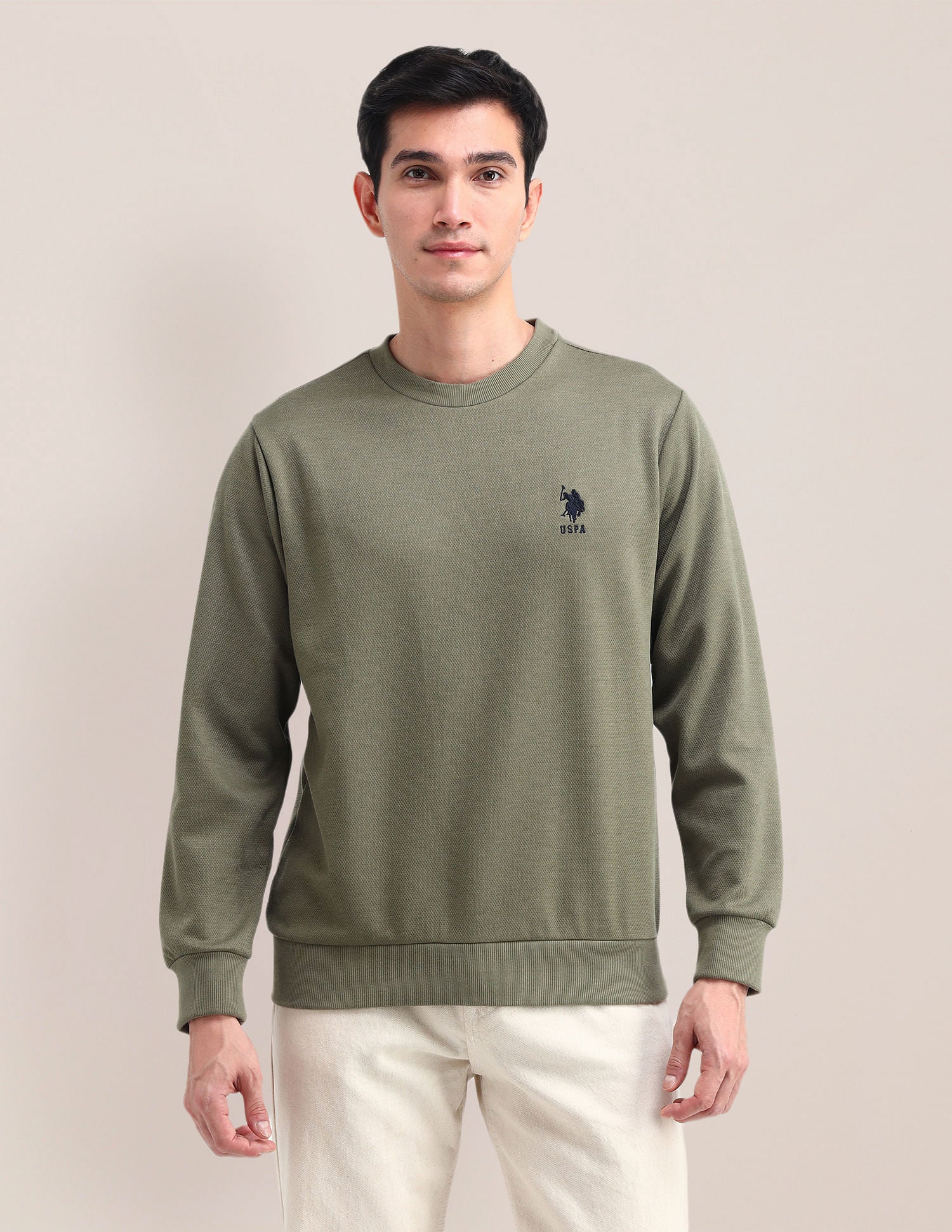 Patterned Knit Regular Fit Sweatshirt Olive - U.S. Polo Assn. India | Large