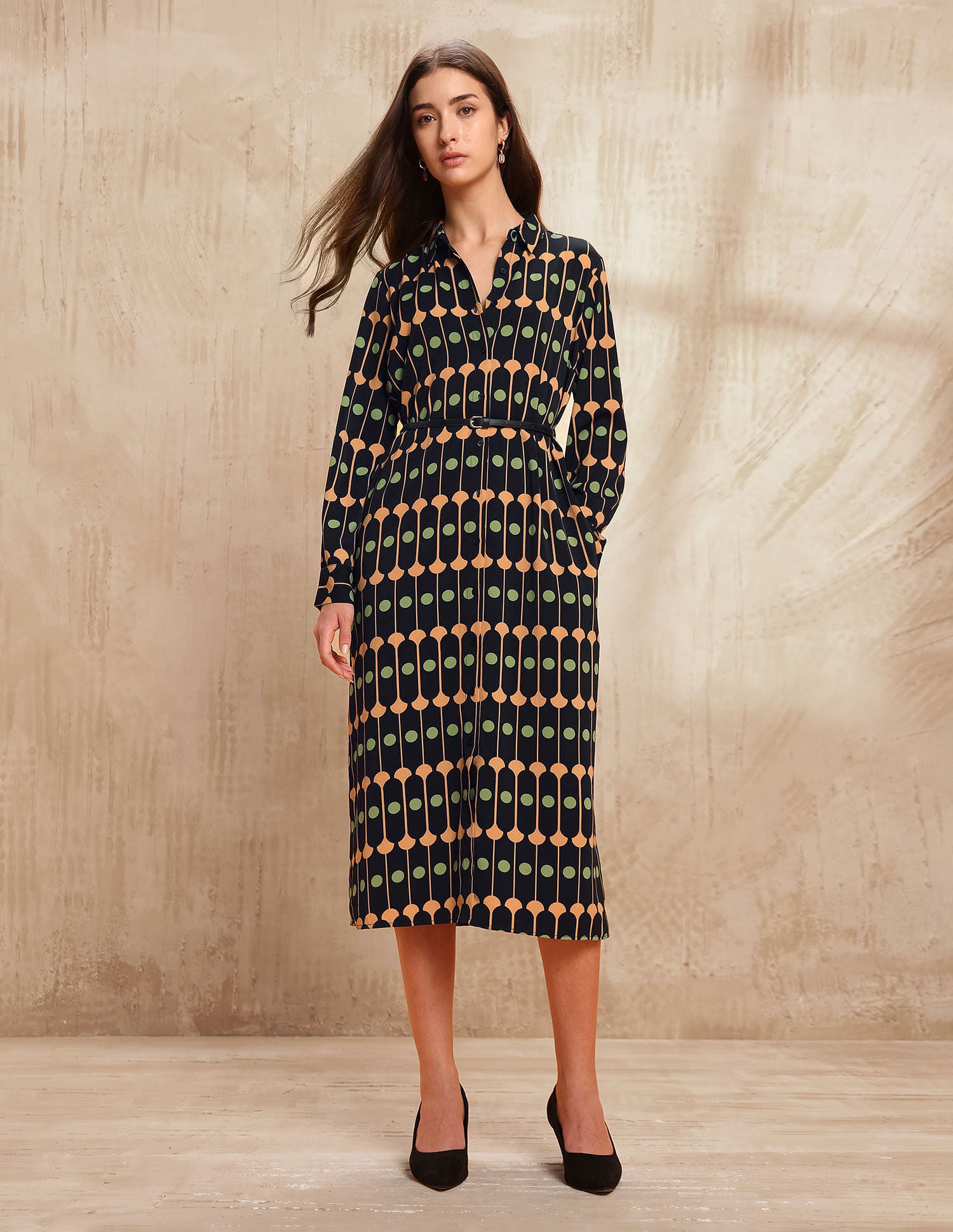 Geometric Printed Midi Shirt Dress Black - U.S. POLO ASSN. | Large