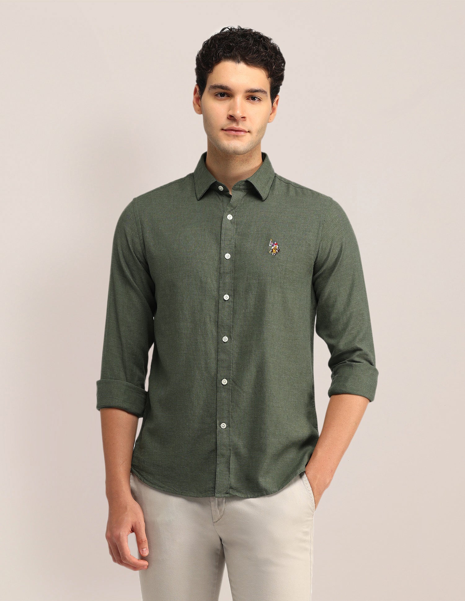 Textured Tailored Fit Shirt Olive - U.S. Polo Assn. India | Large