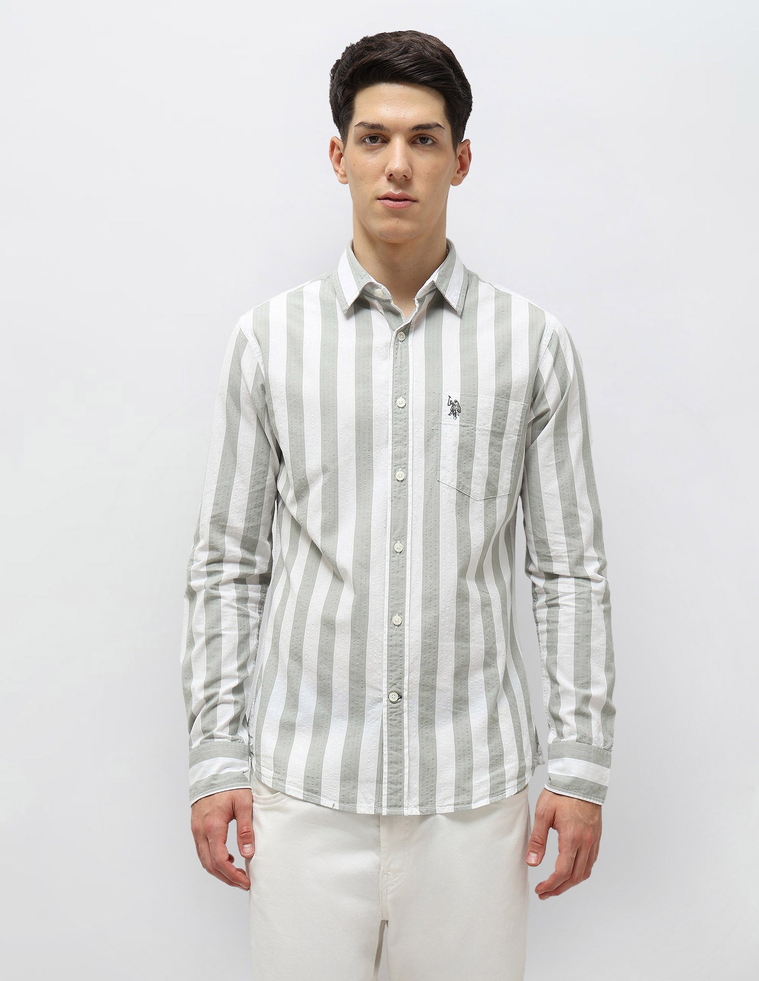 Vertical Striped Seersucker Shirt Light Green - U.S. Polo Assn. India | Large