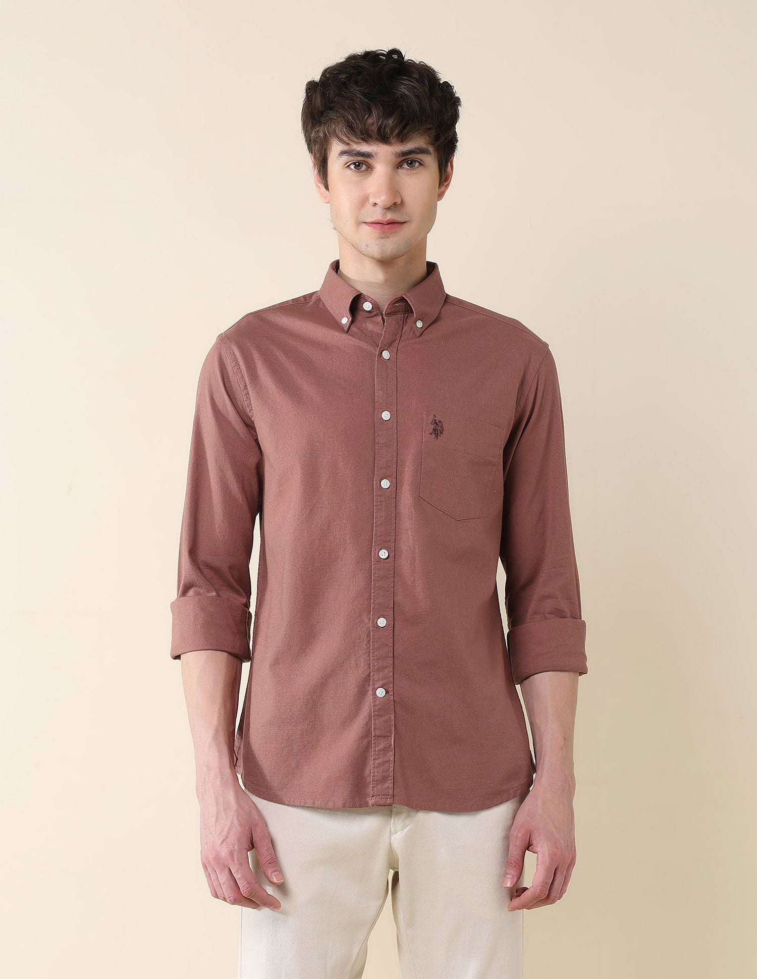 Solid Oxford Stretch Button Down Shirt Light Red - U.S. Polo Assn. India | Large