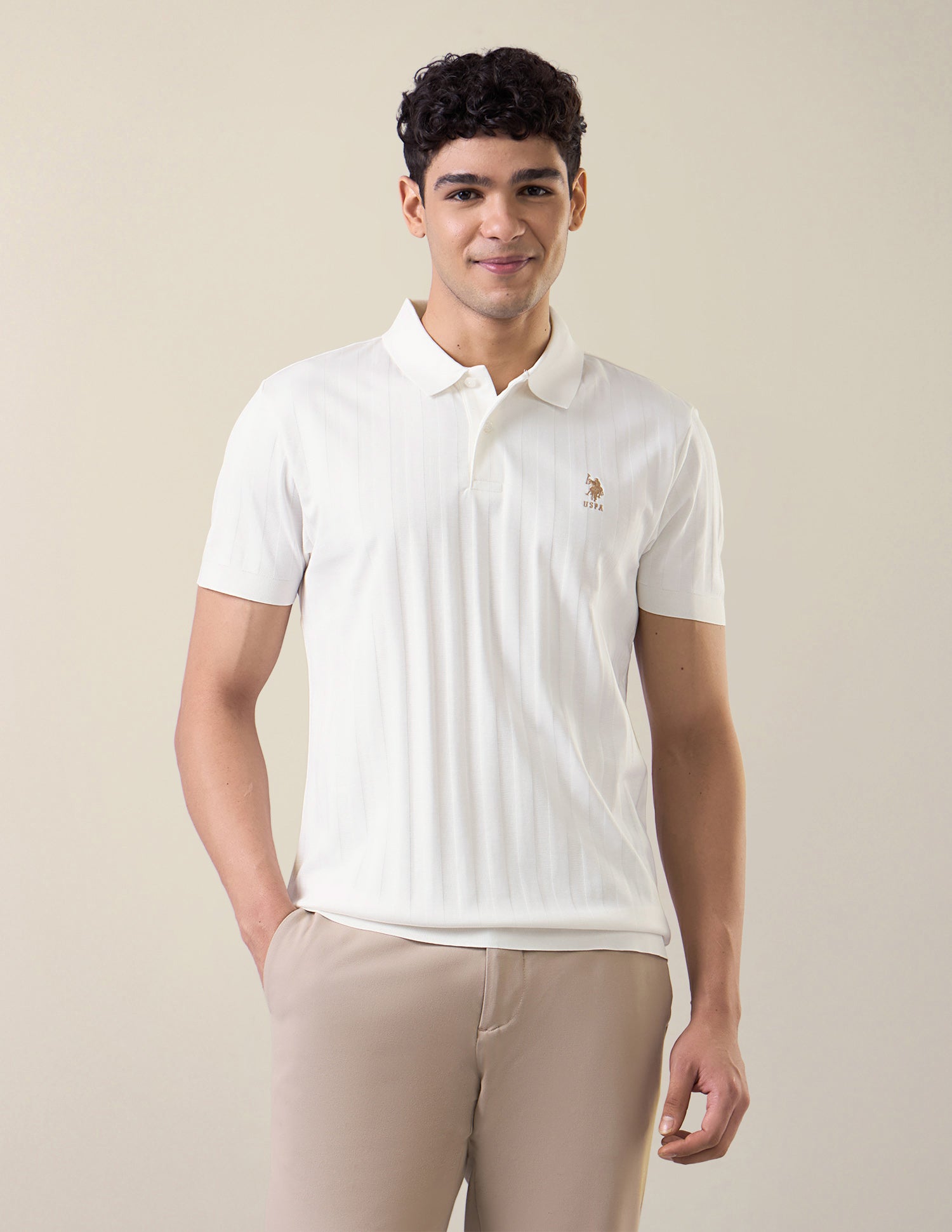 Self Design Vertical Striped Slim Fit Polo Shirt Off White - U.S. Polo Assn. India | Large
