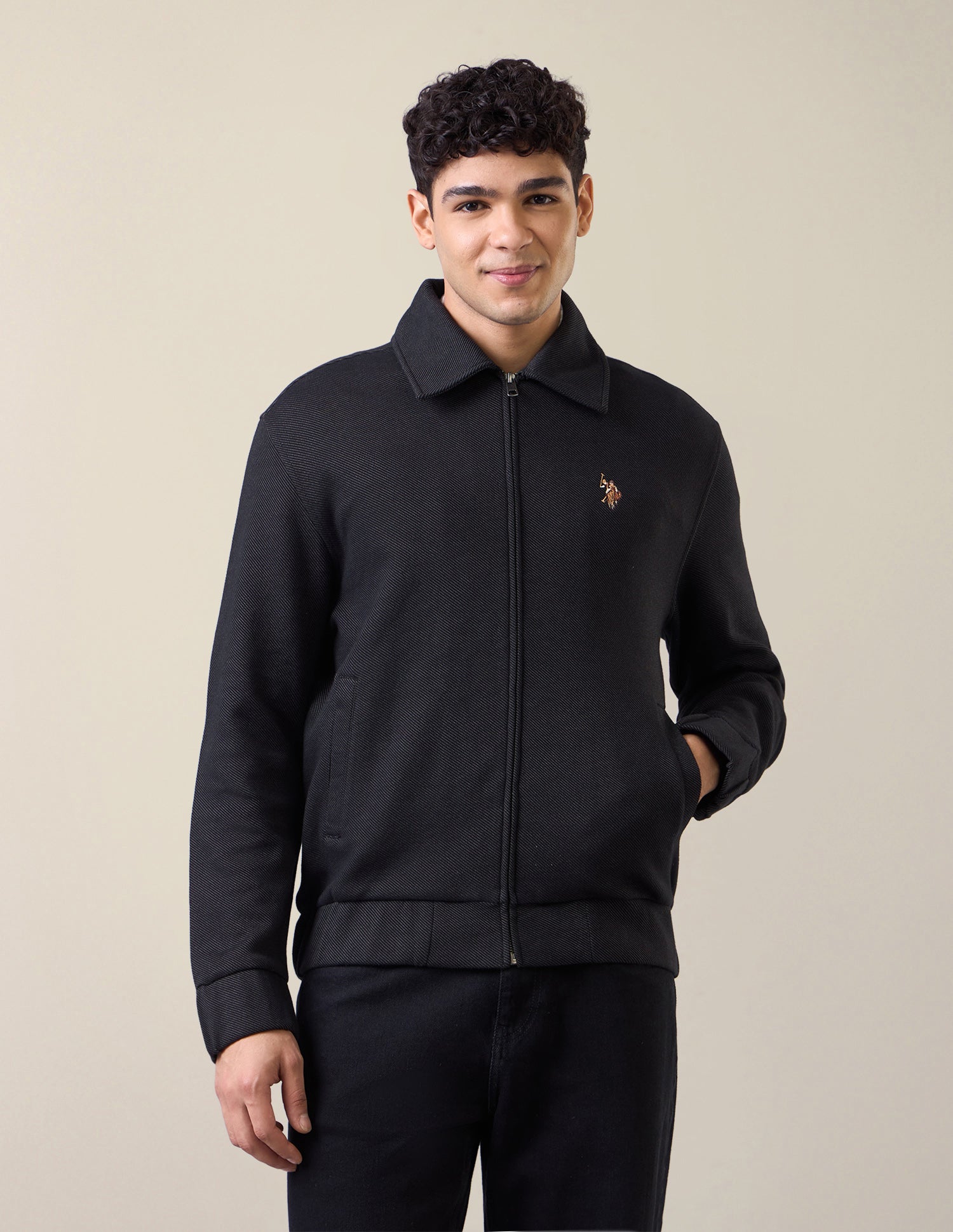 Solid Regular Fit Zipper Sweatshirt Black - U.S. Polo Assn. India | Large
