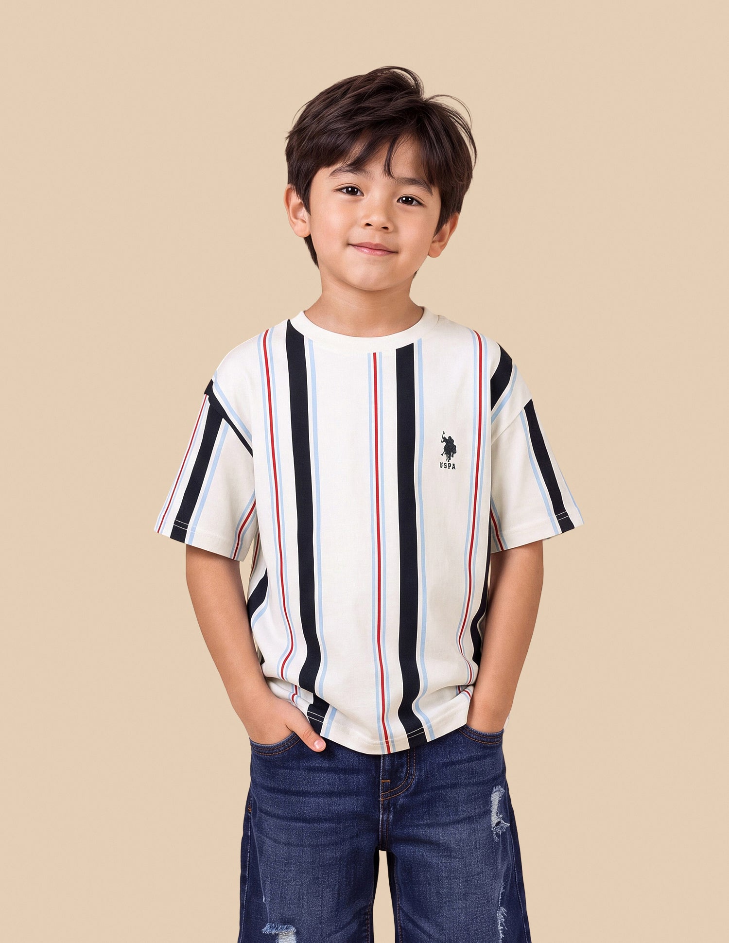 Vertical Striped Oversized Fit T-Shirt Off White - U.S. Polo Assn. India | Large