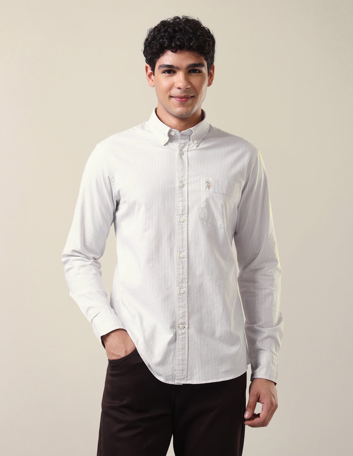 Vertical Striped Regular Fit Shirt Beige - U.S. Polo Assn. India | Large