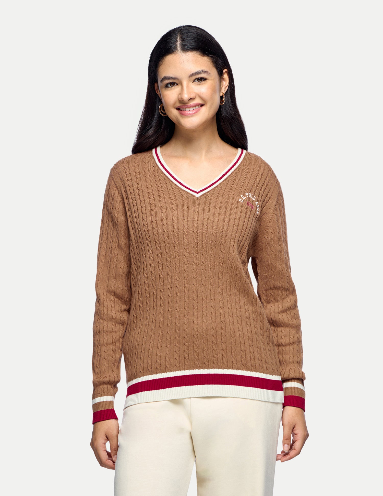 Cable Patterned Knit Regular Fit Sweater Brown - U.S. Polo Assn. India | Large