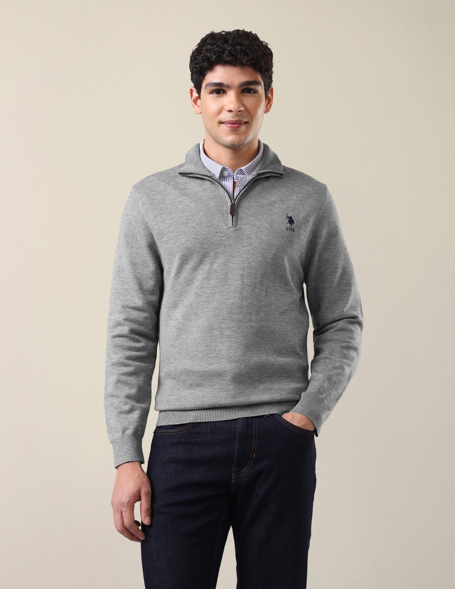 Heathered Regular Fit Sweater Grey - U.S. Polo Assn. India | Large