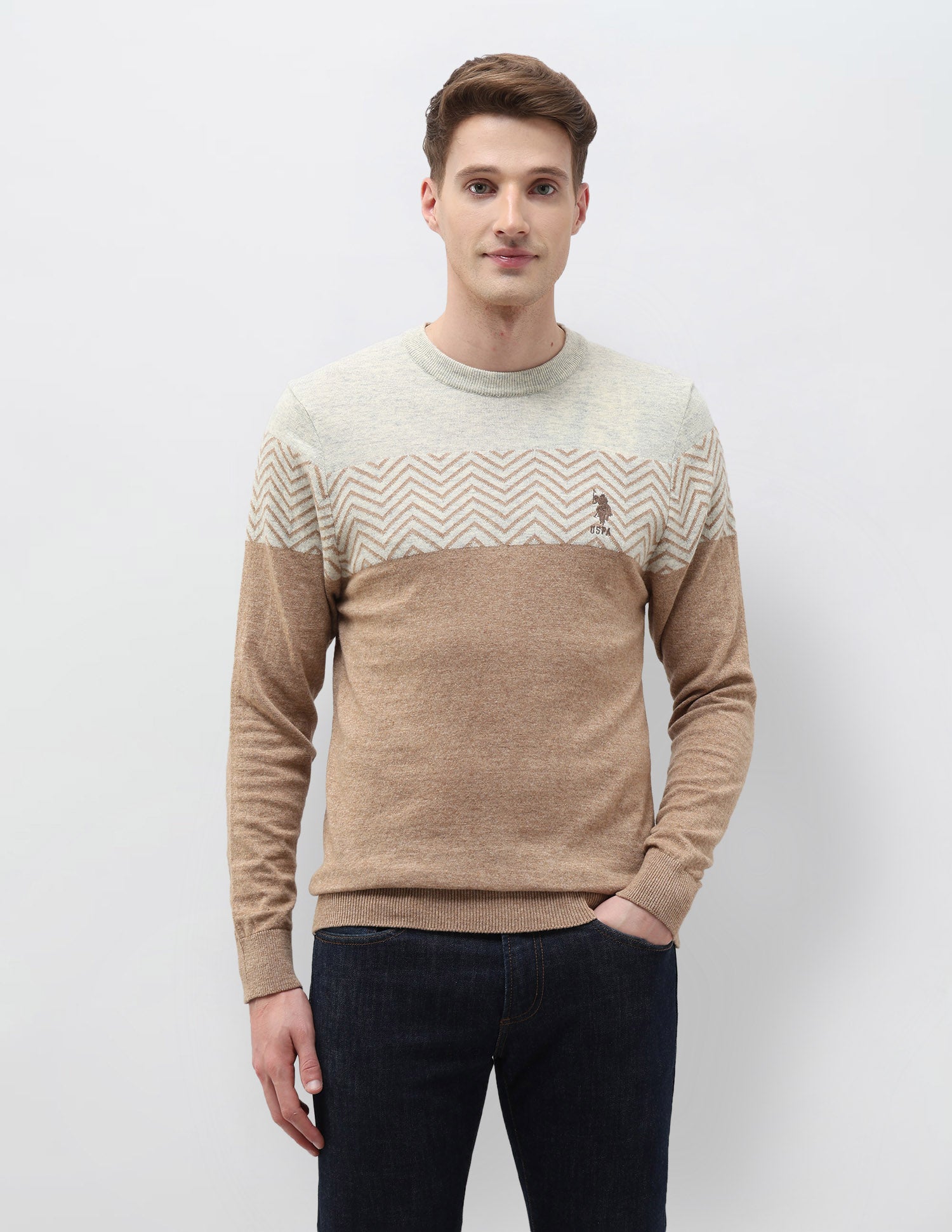 Chevron Patterned Knit Sweater Light Brown - U.S. POLO ASSN. | Large