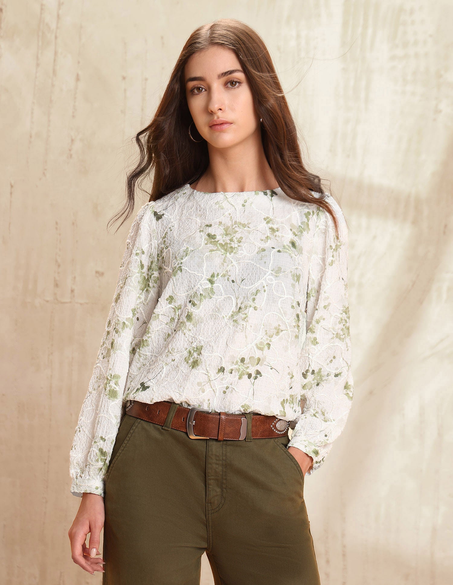 Floral Textured Top Olive - U.S. POLO ASSN. | Large