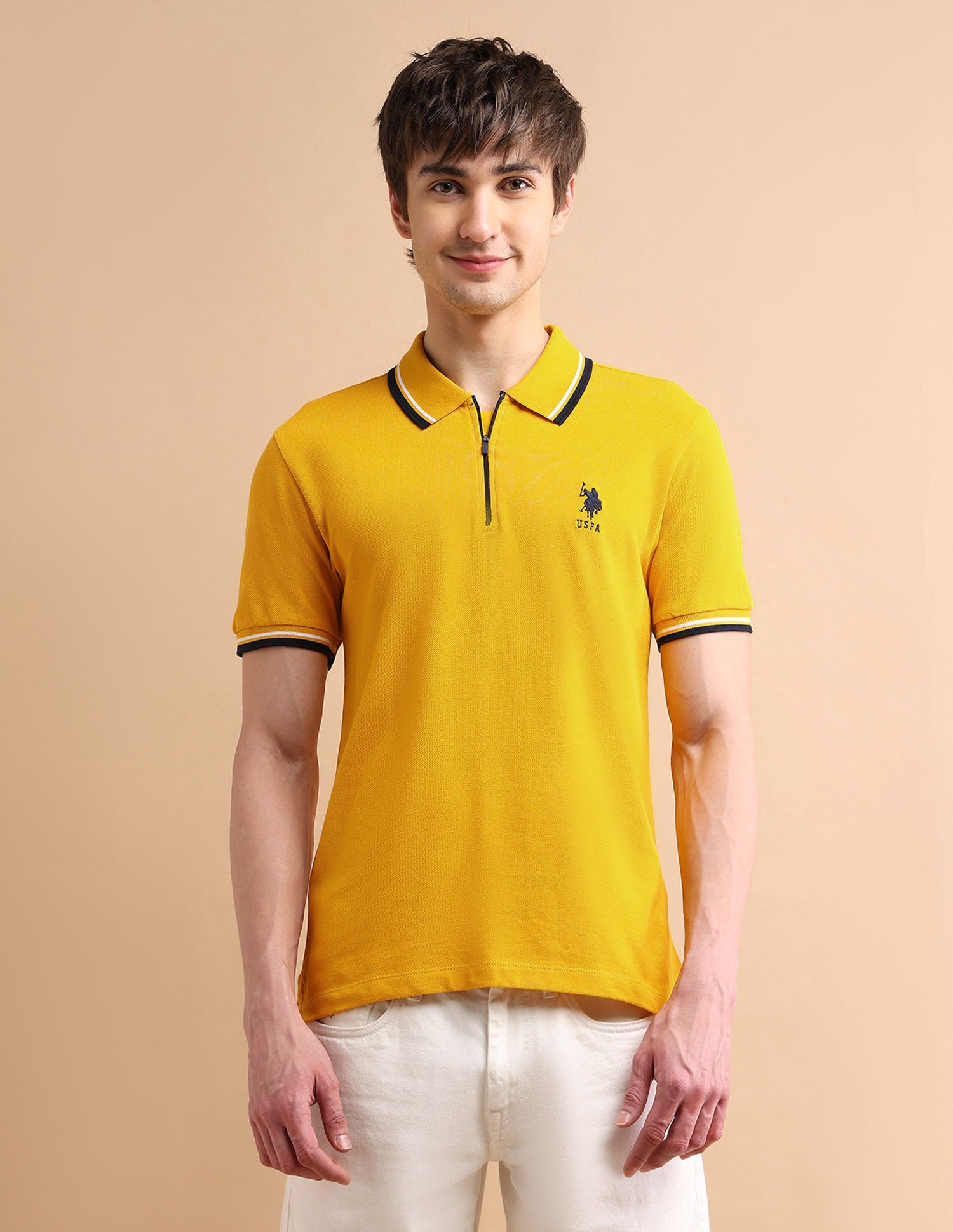 Tipped Zipper Polo Shirt Yellow - U.S. POLO ASSN. | Large