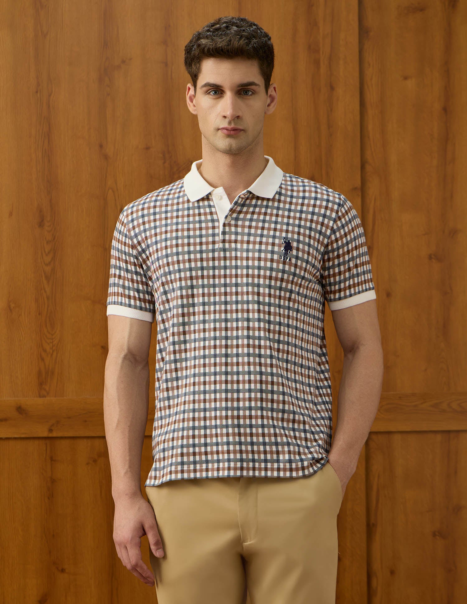 Checked Equestrian Aisle Theater Polo Shirt Light Brown - U.S. POLO ASSN. | Large