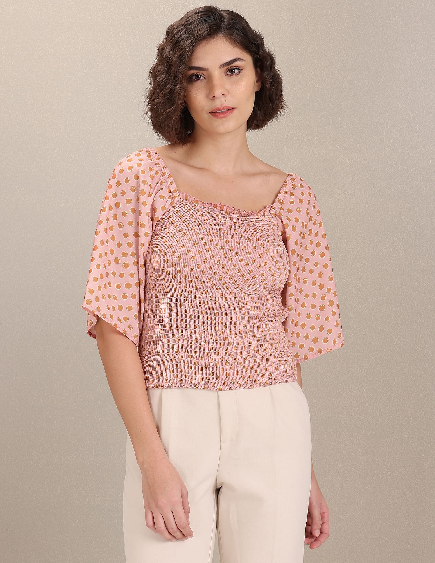 Square Neck Polka Dot Smocked Top Pink - U.S. Polo Assn. India | Large