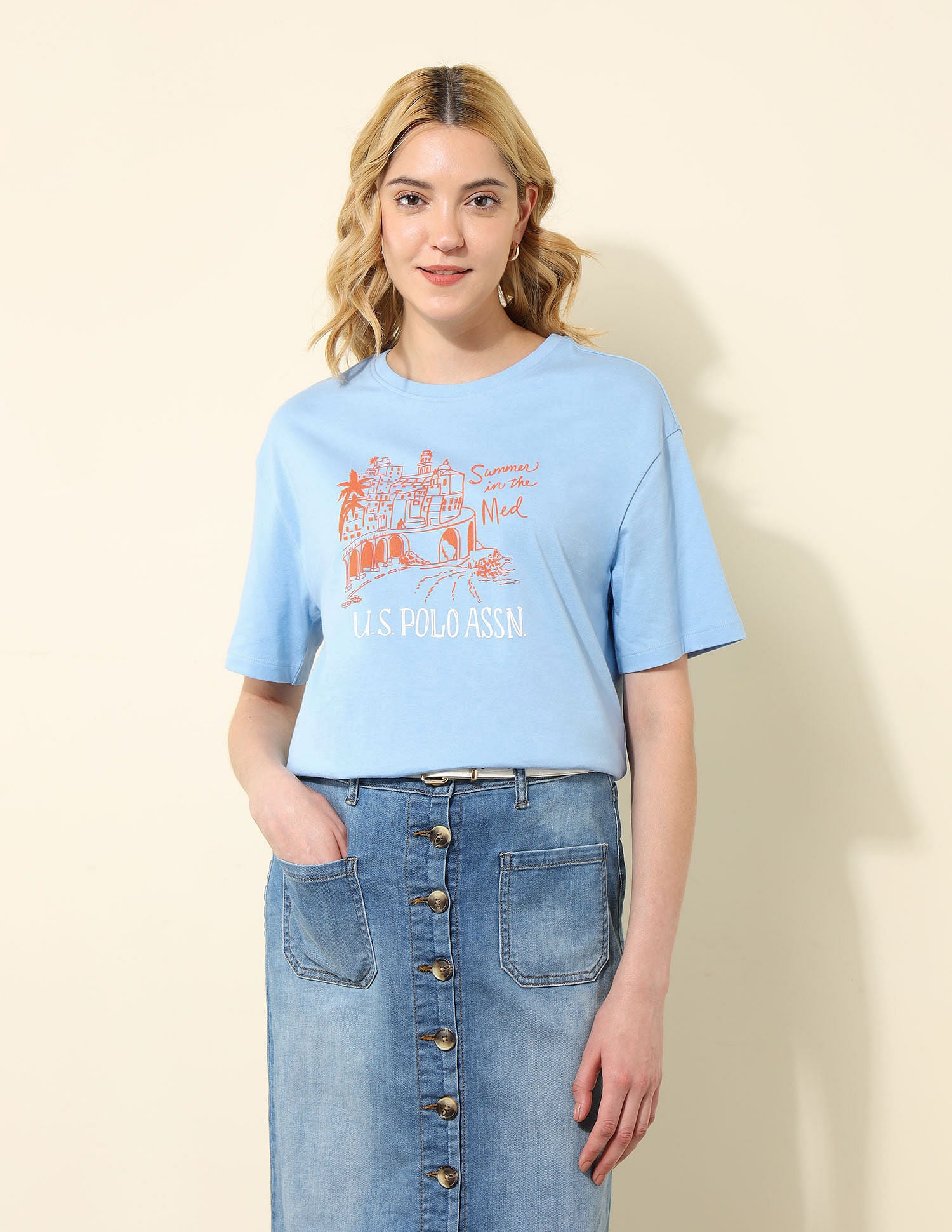 Boyfriend Fit Tropical Printed T-Shirt Light Blue - U.S. POLO ASSN. | Large