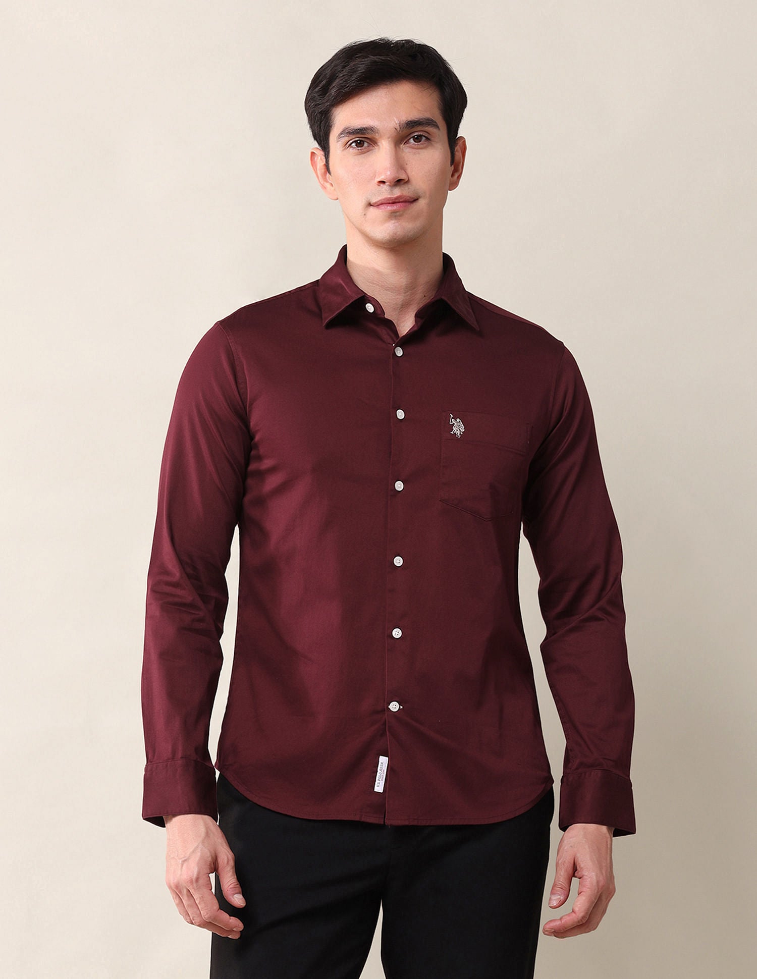 Tailored Fit Twill Solid Shirt Maroon - U.S. Polo Assn. India | Large