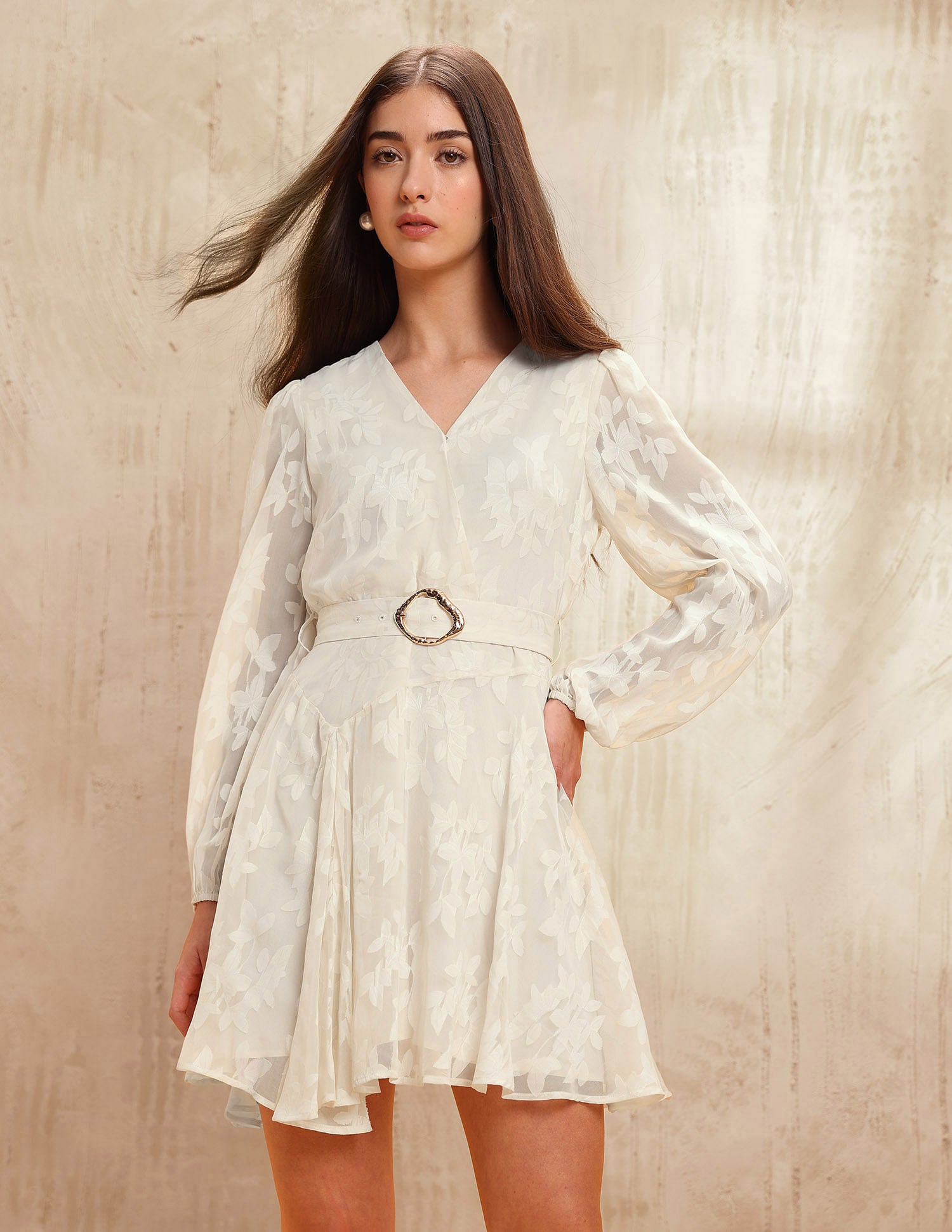 Abstract Printed Fit & Flare Dress With Belt Beige - U.S. POLO ASSN. | Large